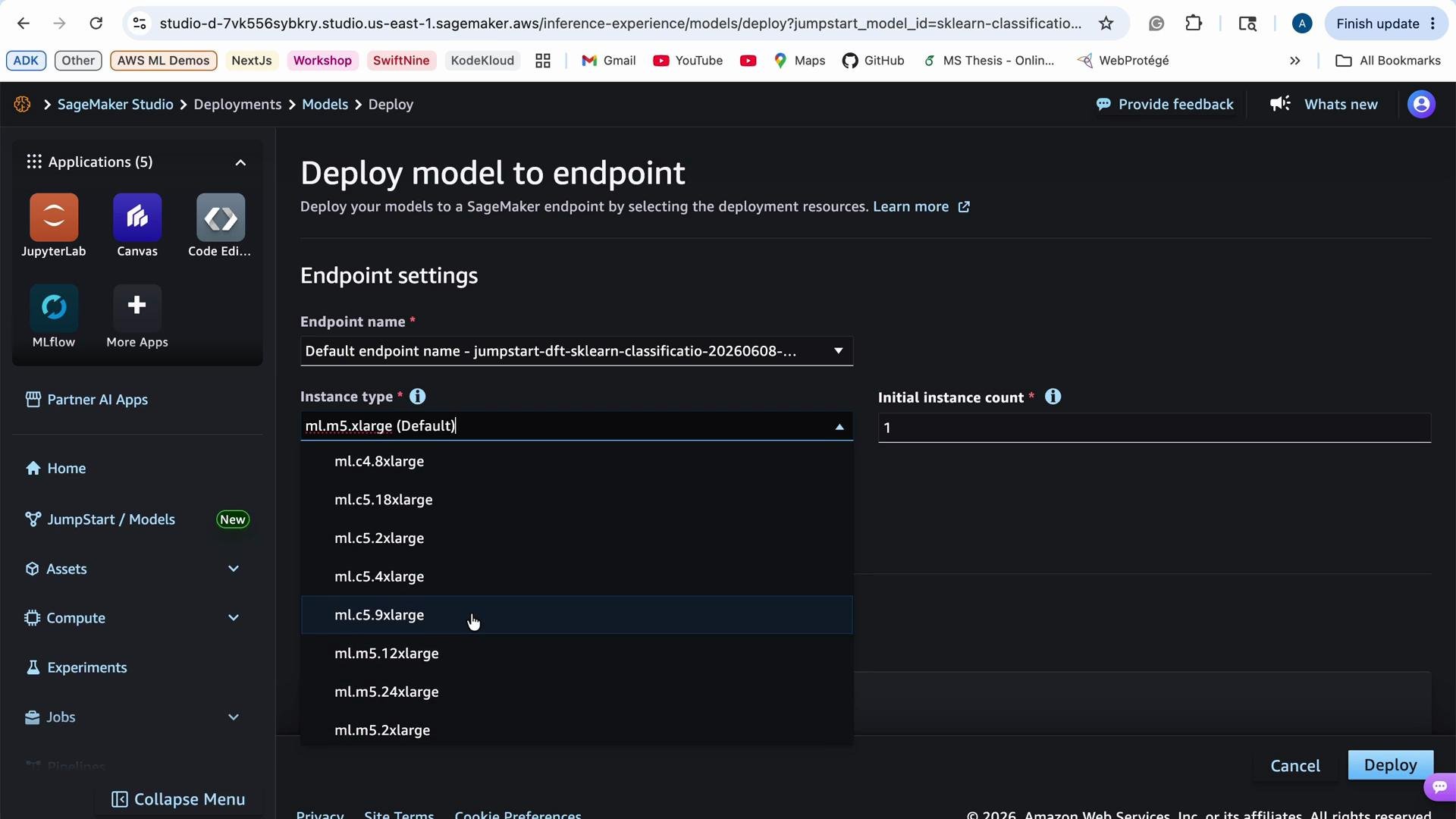 This image shows the AWS SageMaker Studio interface where a user is deploying a model to an endpoint, with options for setting the endpoint name, instance type, and initial instance count.
