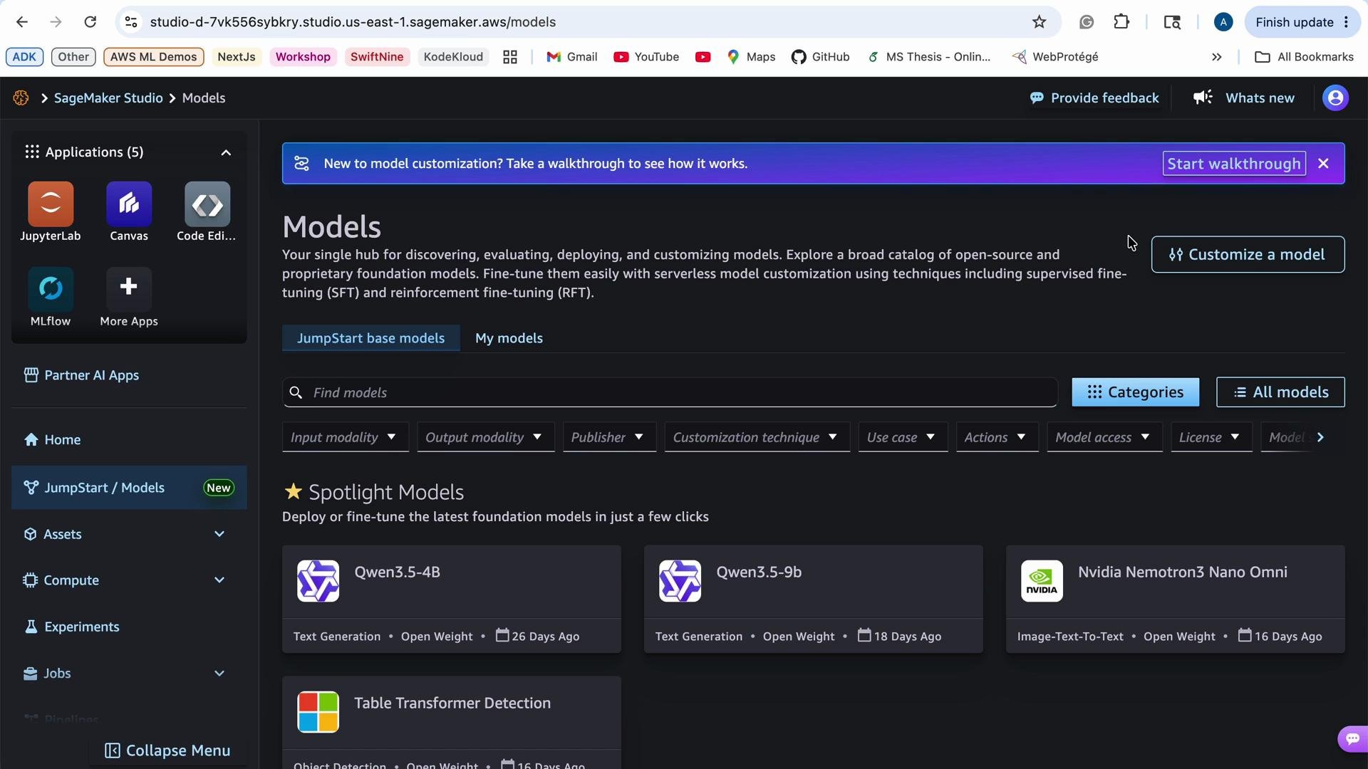 This image shows the AWS SageMaker Studio interface, specifically the Models section where users can discover, deploy, and customize various machine learning models. It highlights "Spotlight Models" with options like Qwen3.5-4B and Nvidia Nemotron3 Nano Omni.