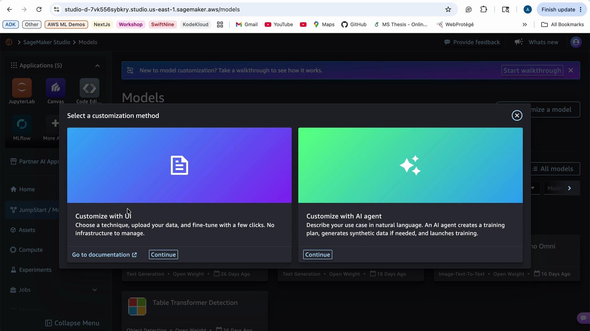 The image shows a screen from SageMaker Studio with options to customize a model using either a UI or an AI agent. The interface provides a description and a "Continue" button for each option.