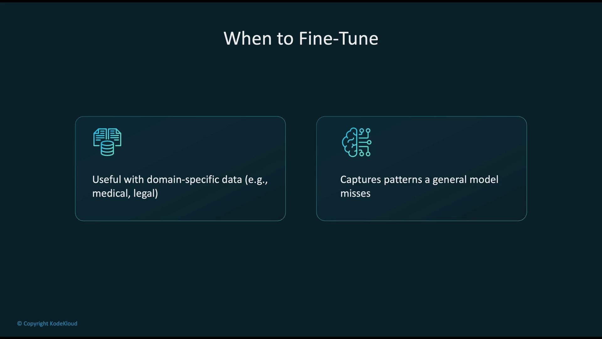 The image explains when to fine-tune a model, highlighting usefulness with domain-specific data (e.g., medical, legal) and capturing patterns a general model misses.