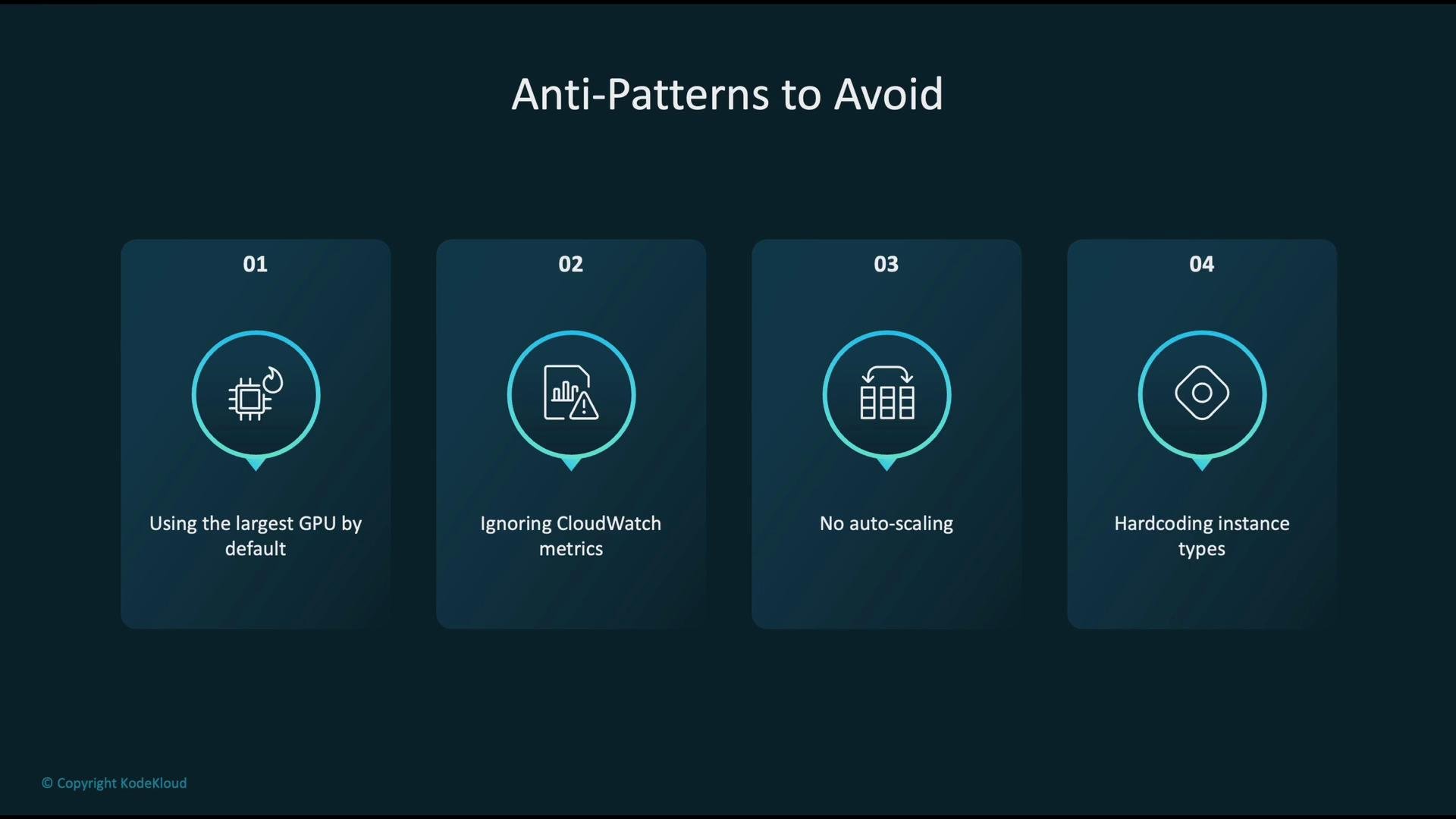 The image lists four anti-patterns to avoid: using the largest GPU by default, ignoring CloudWatch metrics, not enabling auto-scaling, and hardcoding instance types.