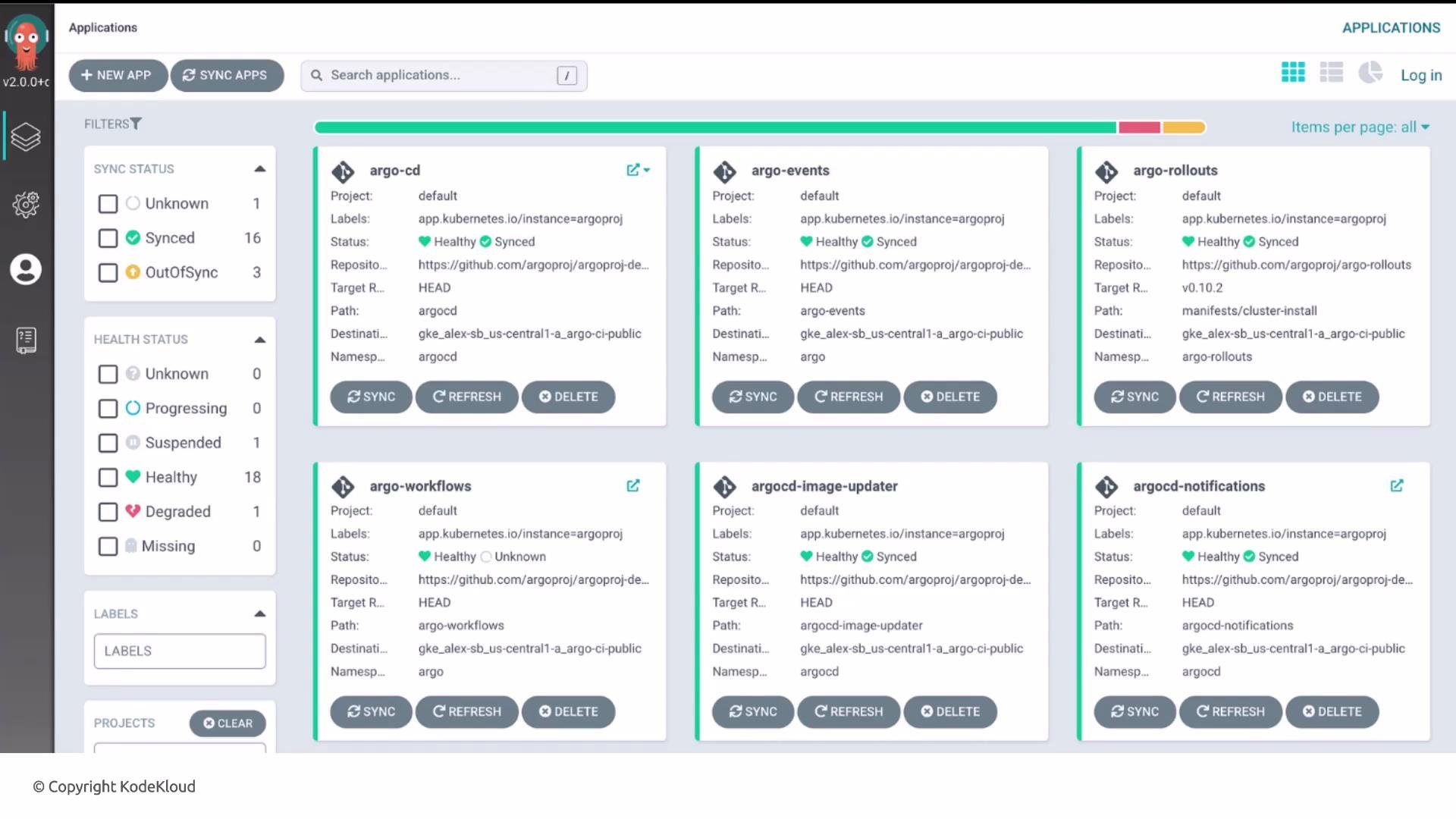 The image shows a user interface of a software application, displaying a dashboard with several tiles representing different applications, each with options to sync, refresh, or delete. It includes filters for sync and health status on the left side.