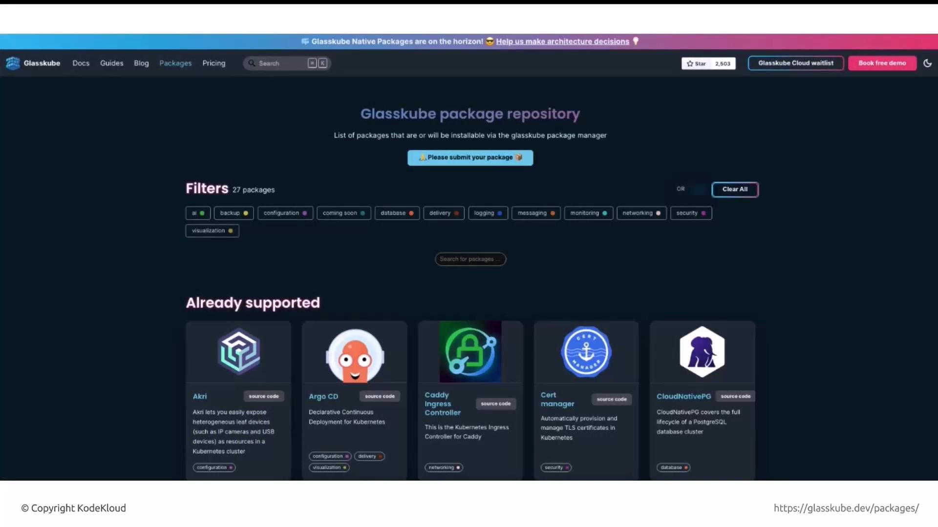 The image shows a webpage from the Glasskube package repository, listing supported software packages with filtering options. It features a search bar, category filters, and a section displaying various package options.