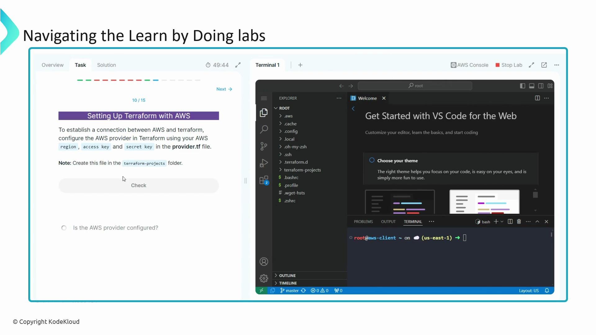 The image shows a coding lab interface with an instruction panel for setting up Terraform with AWS on the left and a VS Code web interface with a terminal on the right.