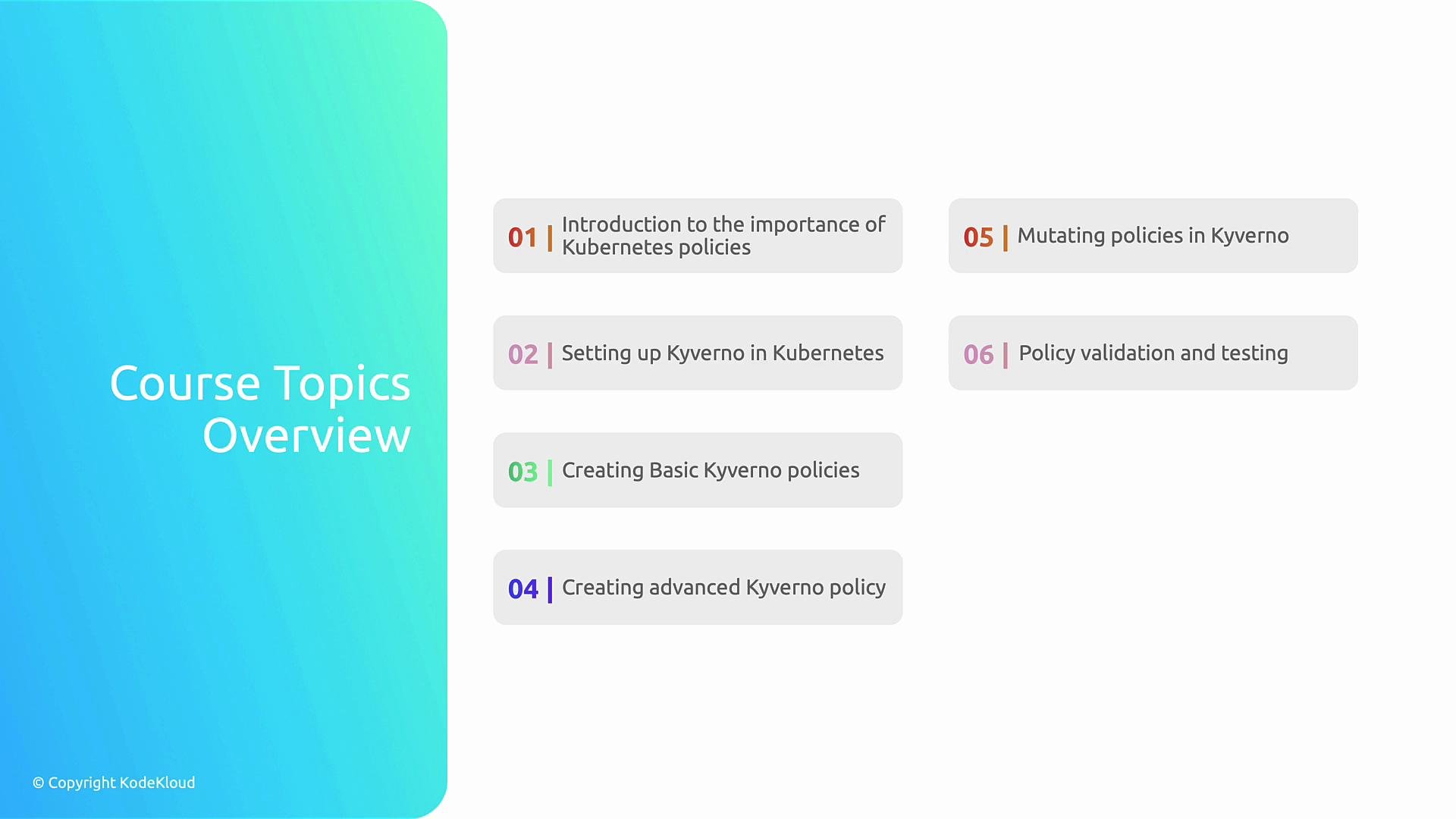 The image is a course topics overview for a Kyverno and Kubernetes policy course, with six topics listed, including setting up Kyverno, creating policies, and validation.