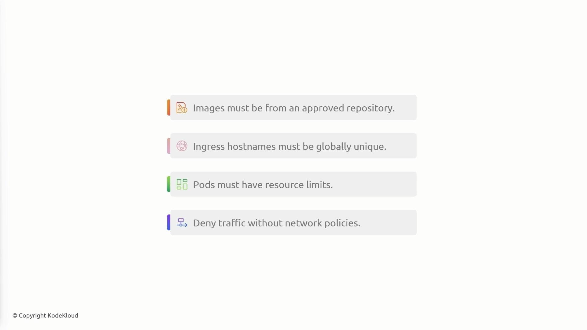 The image lists four requirements: images must be from an approved repository, ingress hostnames must be globally unique, pods must have resource limits, and traffic must be denied without network policies.