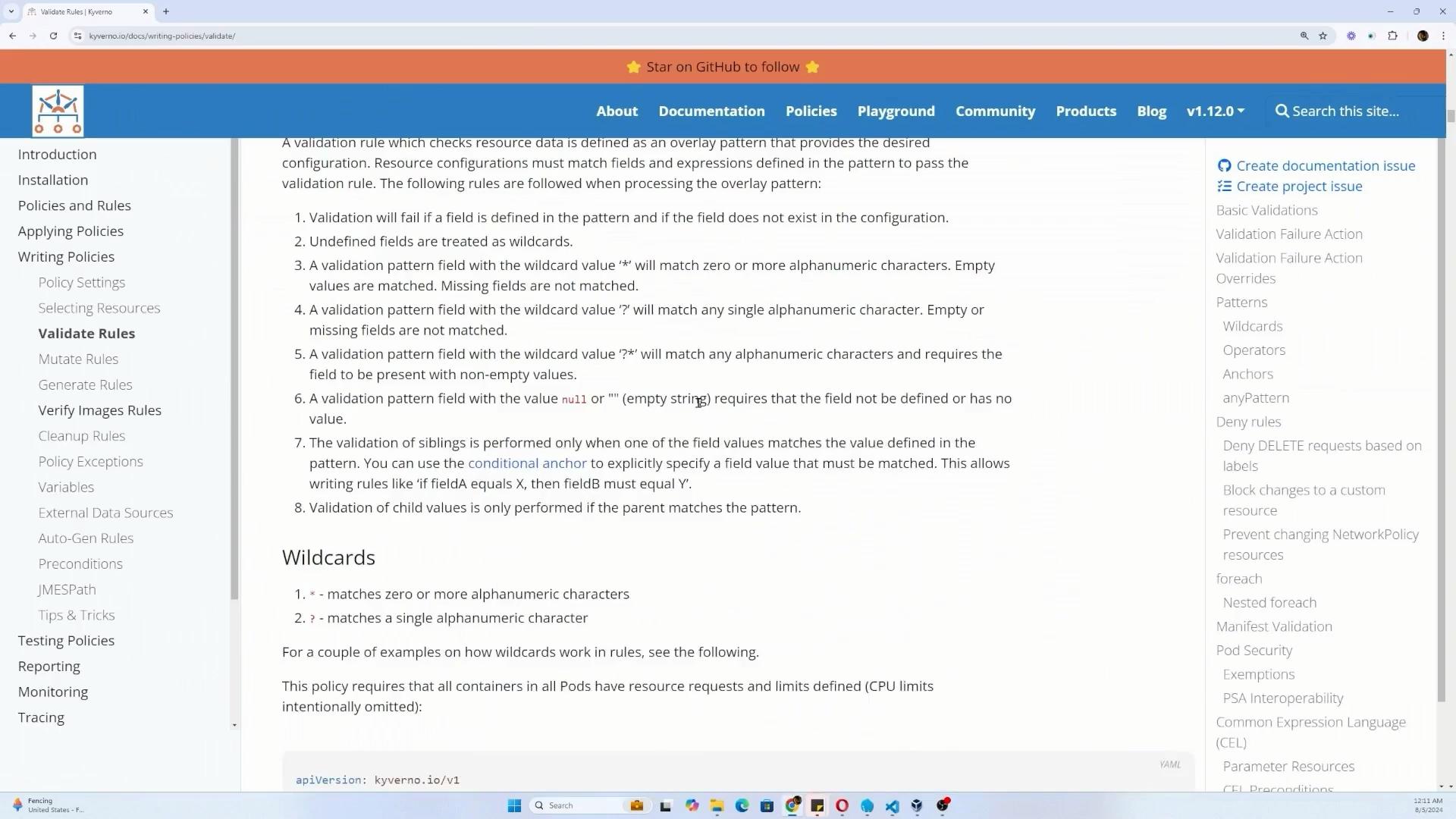The image is a screenshot of a webpage from the Kyverno documentation, specifically the section on validating rules, with detailed explanations and a sidebar menu containing navigation links.