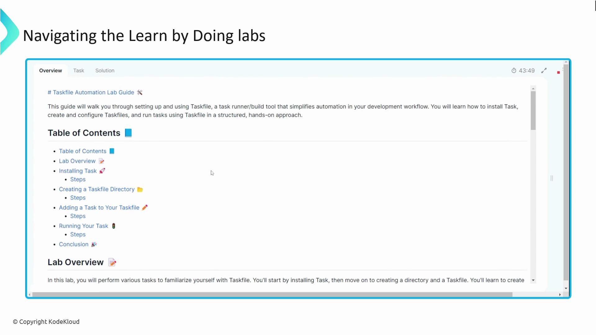 The image shows a "Navigating the Learn by Doing labs" guide with a menu including table of contents items such as installing tasks and creating a Taskfile directory.