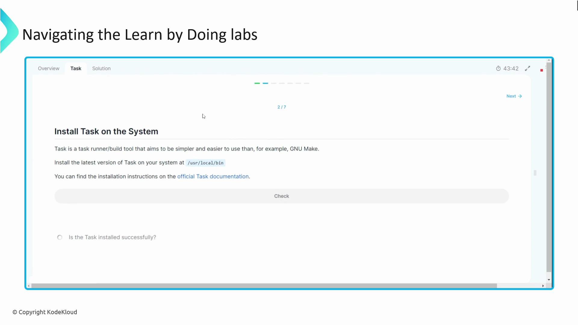 The image shows a tutorial page instructing users on installing a task runner tool on their system, with navigation tabs and a progress indicator.