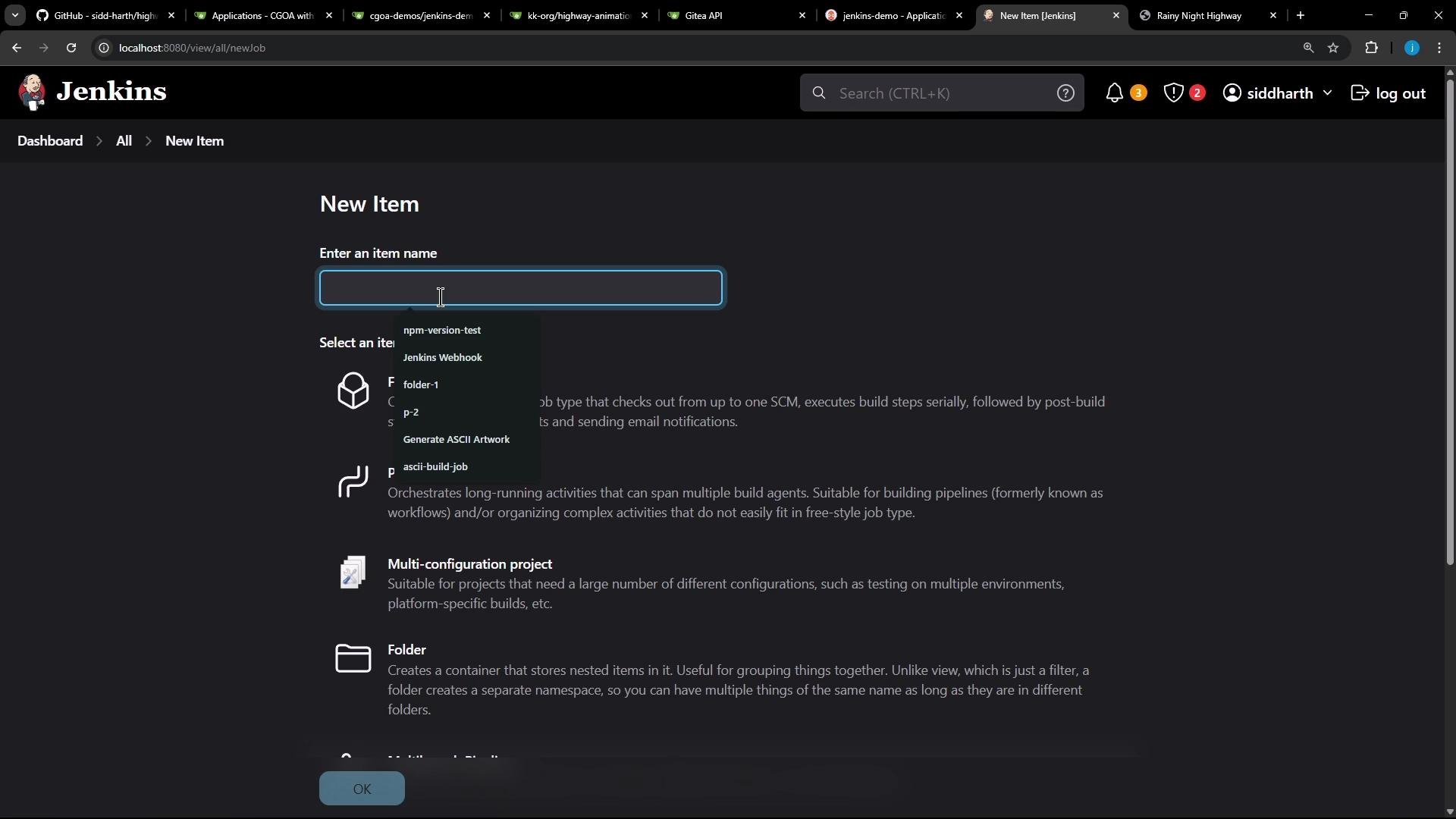 The image shows a Jenkins interface where a user can create a new item by entering a name and selecting a job type from the options provided.
