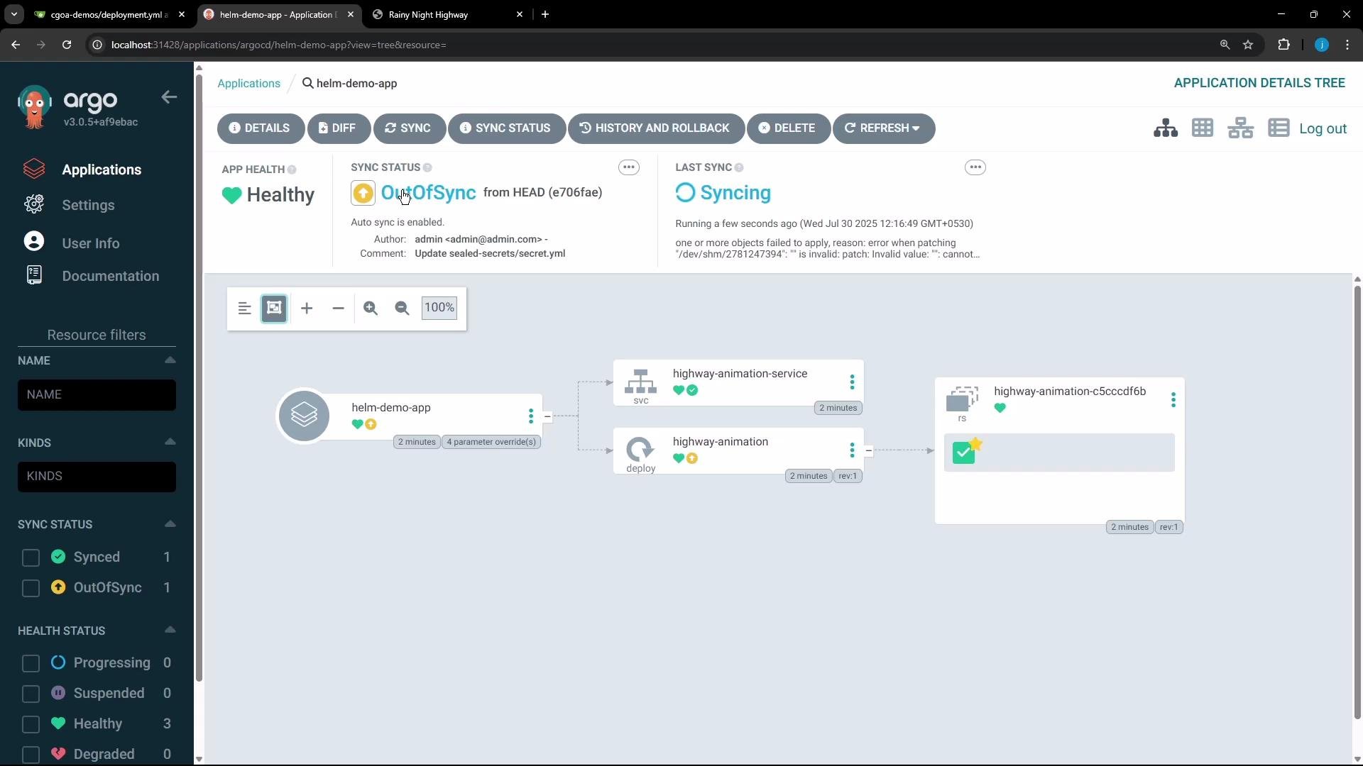 The image shows a user interface of the Argo CD application dashboard, displaying the sync status and health of a "helm-demo-app" and related services in a flowchart format. The "helm-demo-app" is marked as "OutOfSync" while its health status is "Healthy."