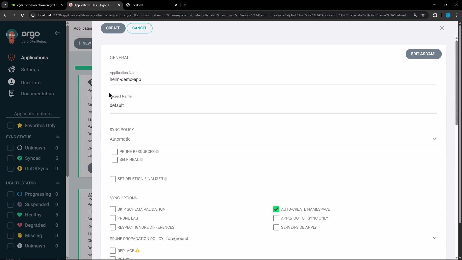 The image shows a user interface for configuring application settings in Argo CD, including options for sync policy and other settings.