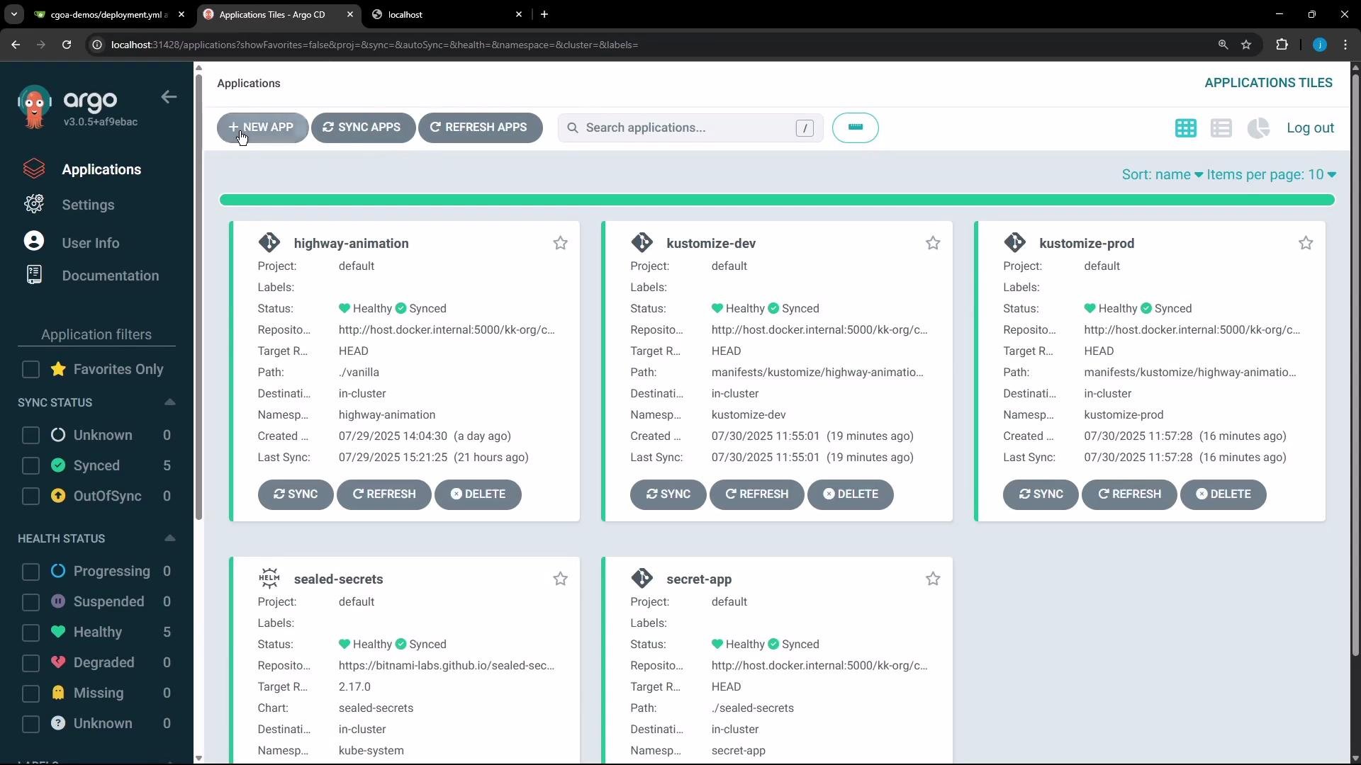 The image shows the Argo CD dashboard displaying several applications with their health status marked as "Healthy" and "Synced." Each application card includes details like project, repository, and last sync time.