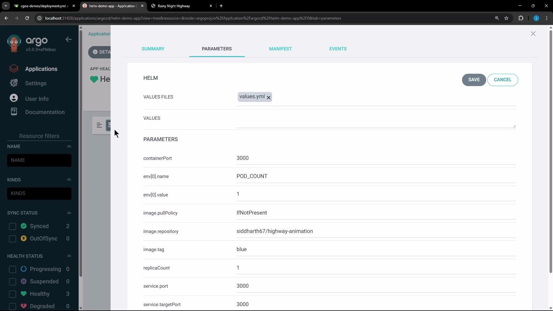 The image shows a screenshot of an Argo CD application interface with parameters set for a Helm chart, including container port, environment variables, image repository, and replica count.