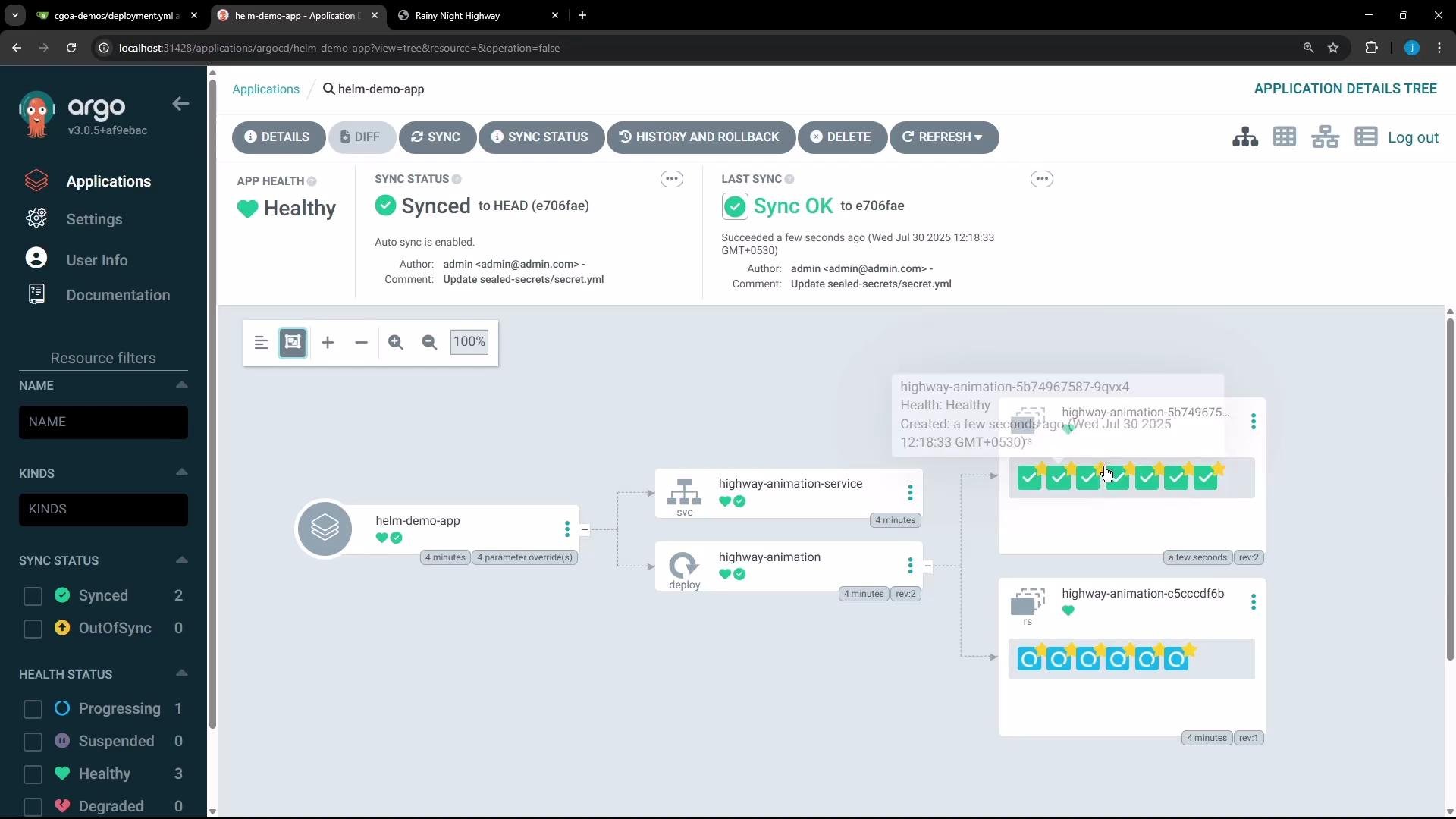 The image displays a web interface of Argo CD, detailing the "helm-demo-app" with its application health and sync status, along with a visual representation of the application's components and their health states.