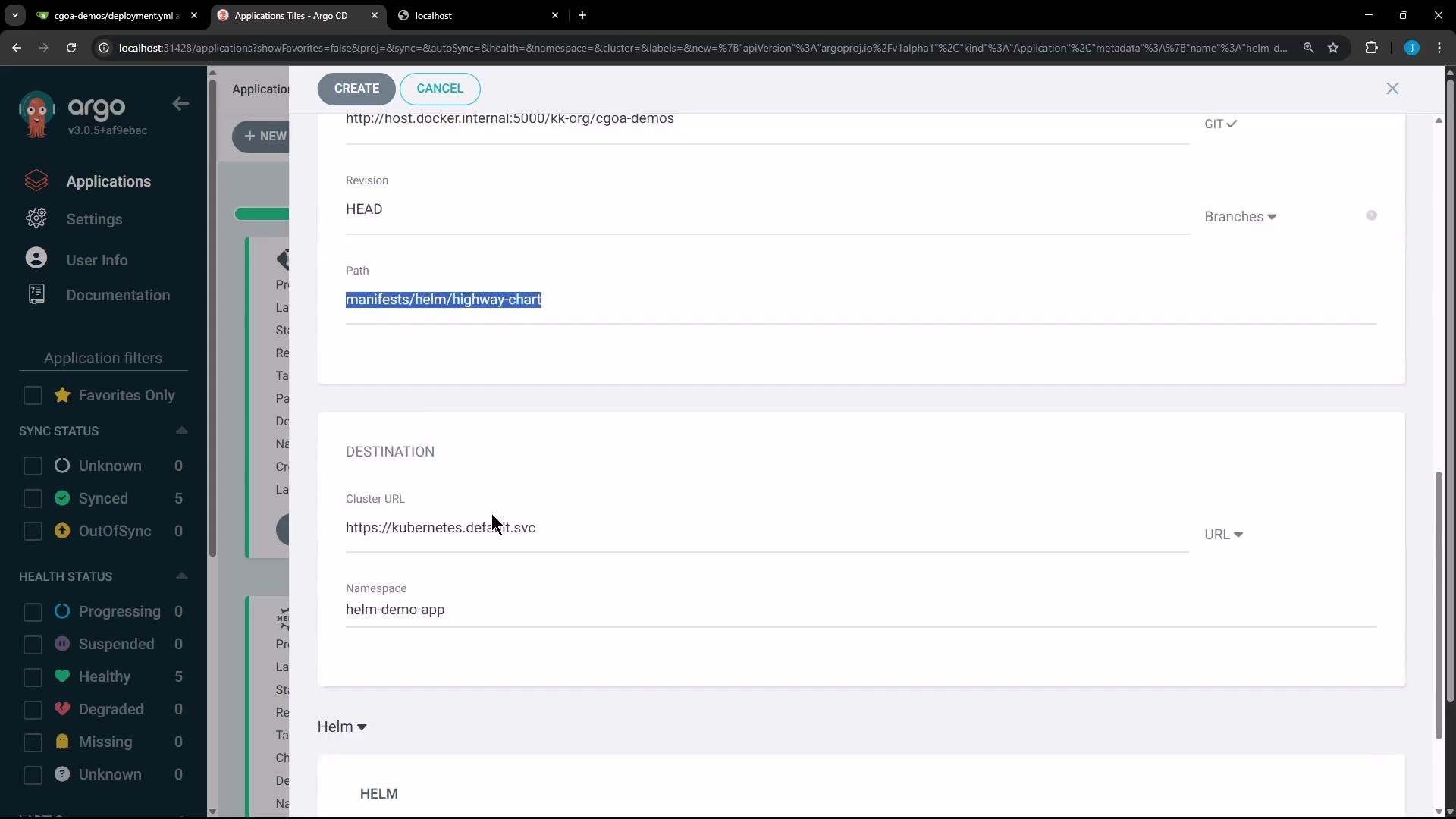 The image shows the Argo CD interface, displaying a form for creating or managing applications, with details about the Git repository and destination cluster URL.