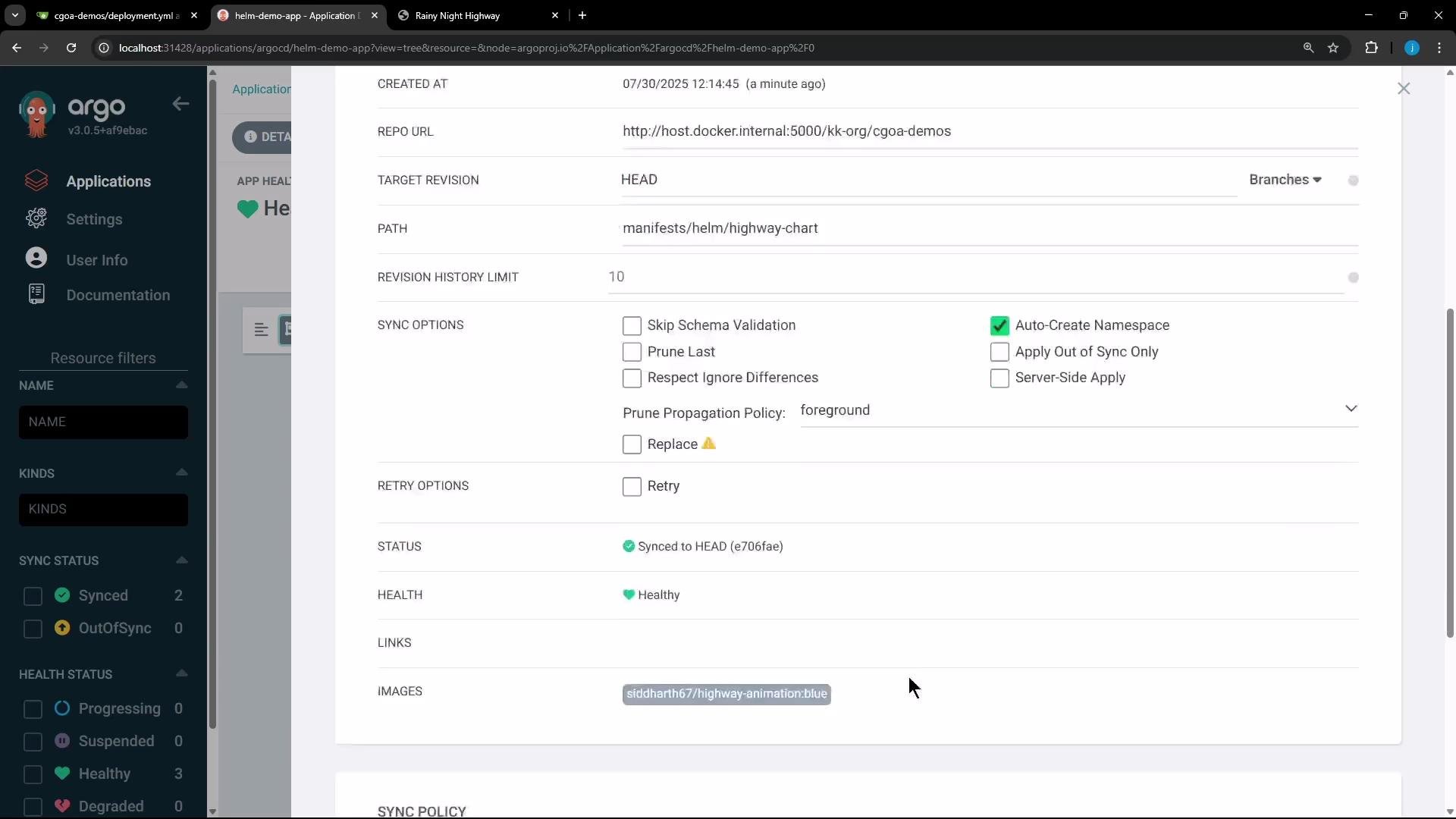 The image shows the Argo CD user interface displaying details of a Helm demo application. Options such as sync settings, retry options, and application status are visible.