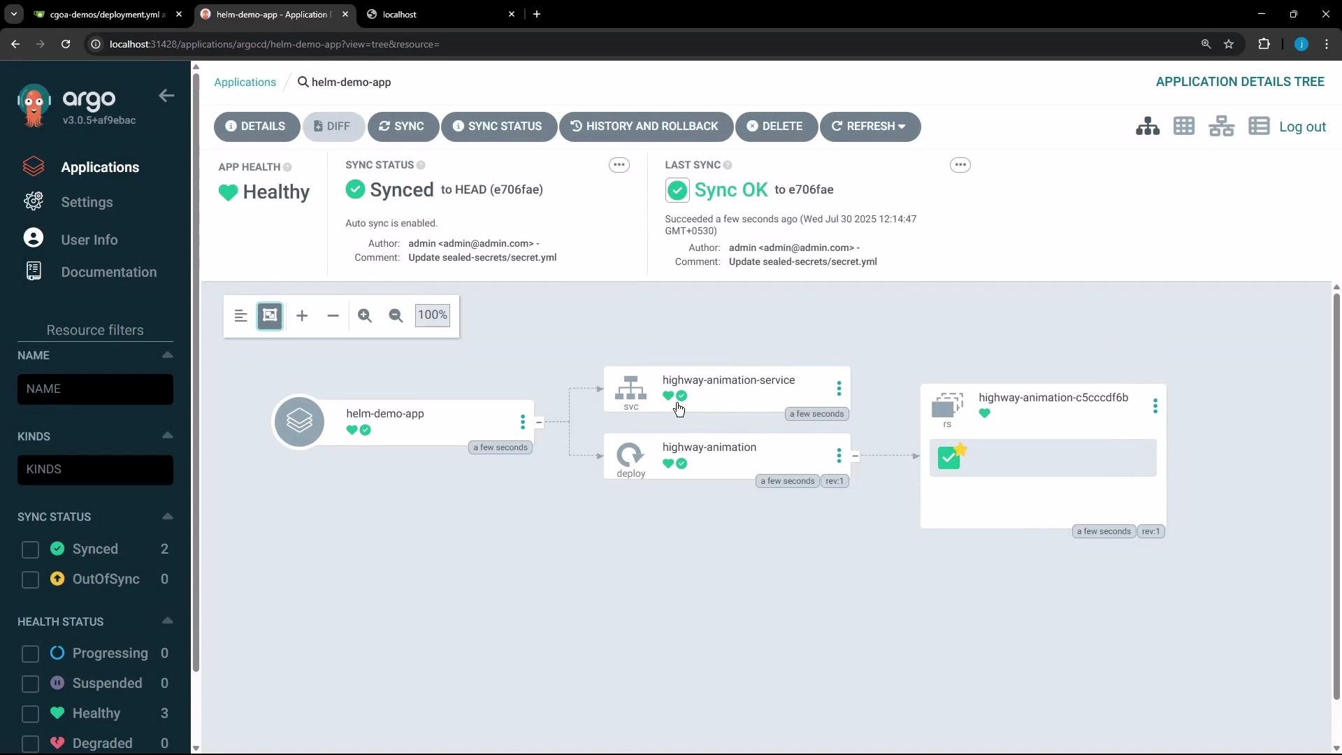 The image shows an Argo CD web interface displaying the details of a synced application, including its health and sync status, within a graphical resource tree view.