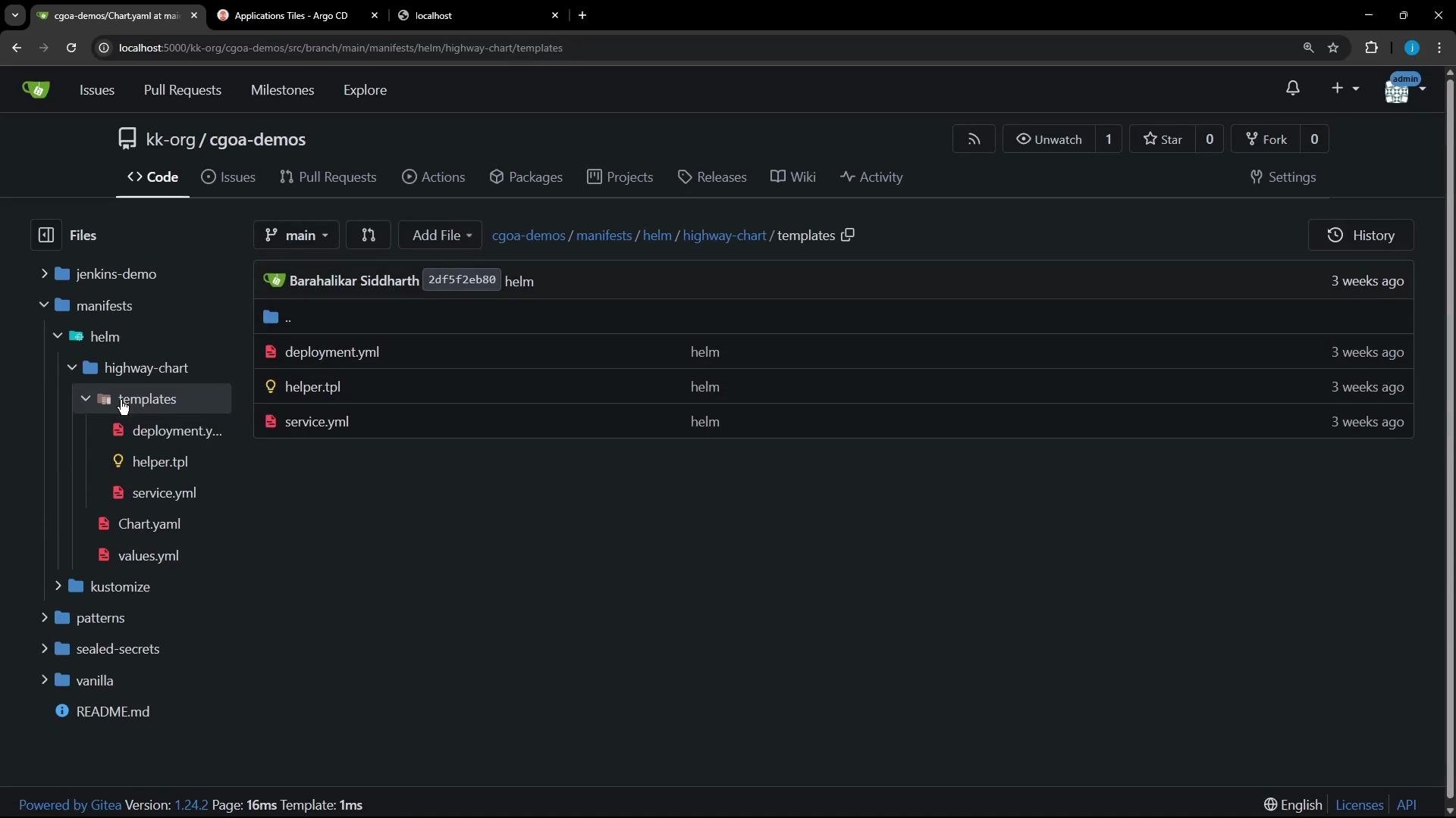 The image shows a web interface for a Git repository hosted on a local server, displaying a directory structure of a project related to Helm charts with several YAML and TPL files listed.