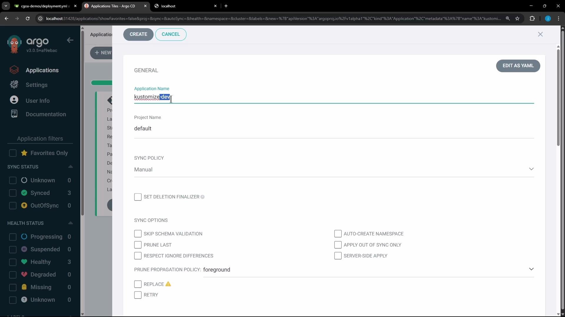 The image shows the Argo CD application interface, where a user is configuring an application with options for sync policy, project name, and various sync settings.
