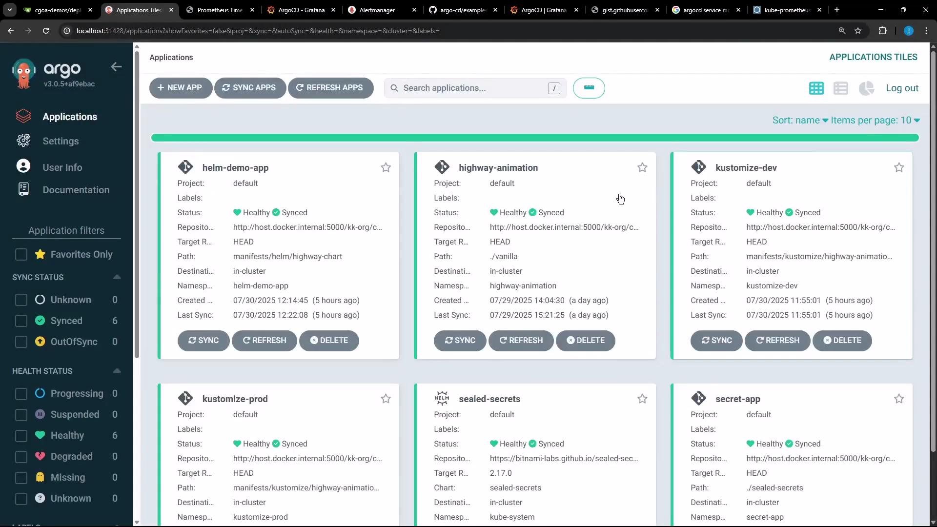 The image shows the Argo CD dashboard displaying a list of applications with details such as project name, status, and synchronization information. Each application is marked as "Healthy" and "Synced" with options for syncing, refreshing, or deleting.