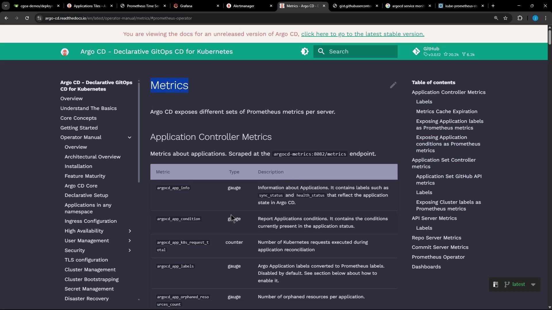 The image shows a documentation page for Argo CD, focusing on Prometheus metrics for the Application Controller. It includes a table detailing various metrics, types, and their descriptions.