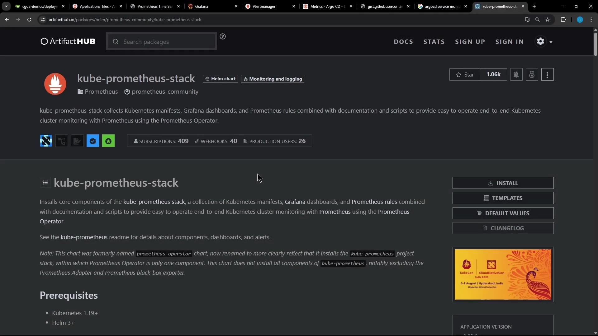 The image shows a webpage from Artifact Hub describing the "kube-prometheus-stack," a Helm chart for Kubernetes cluster monitoring with Prometheus. It includes options for installation, templates, and default values, along with prerequisites and additional information.