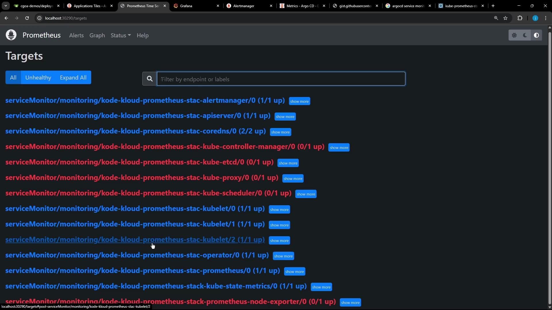 This image shows a Prometheus monitoring dashboard displaying a list of service targets with their health status, labeled as "up" or "down".