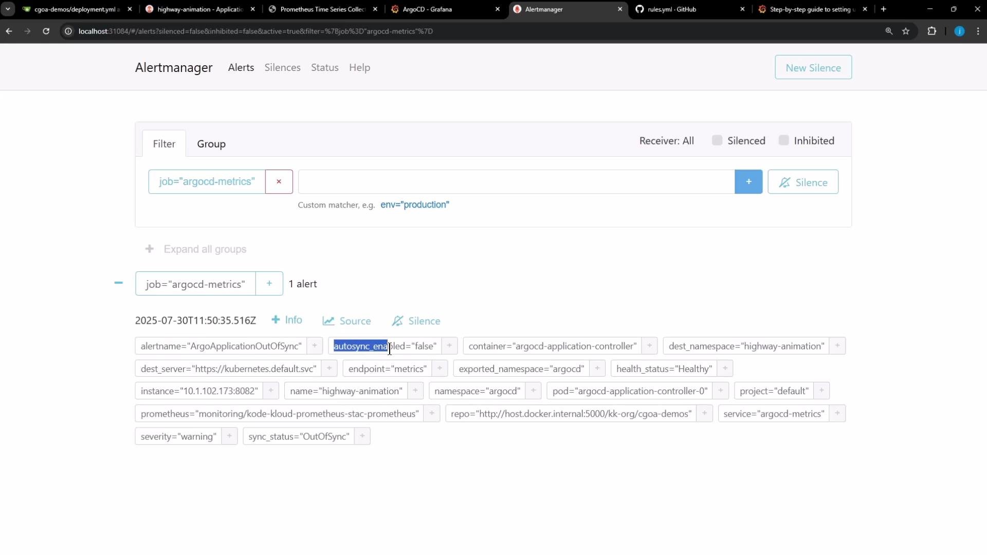 The image shows an Alertmanager interface displaying an alert related to "argocd-metrics," with details like severity, sync status, and other metadata tags.