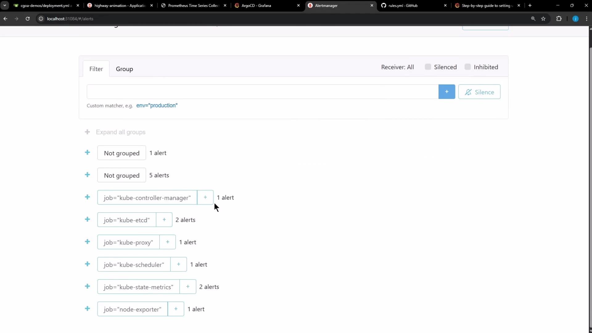 The image shows a web interface listing alerts for various Kubernetes jobs such as "kube-controller-manager," "kube-etcd," and others, with options to expand groups and silence alerts.
