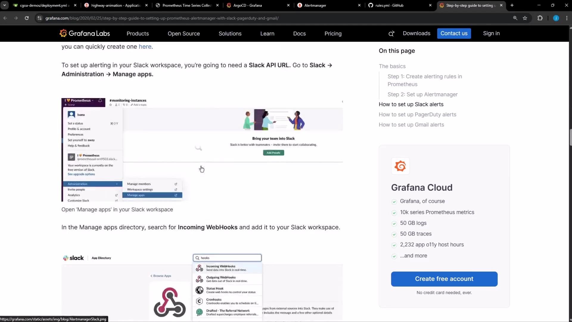 The image is a screenshot from a Grafana Labs blog on setting up Slack alerts using Prometheus. It shows steps in Slack to manage apps and search for Incoming WebHooks, alongside a sidebar listing blog contents and a prompt to create a Grafana Cloud account.