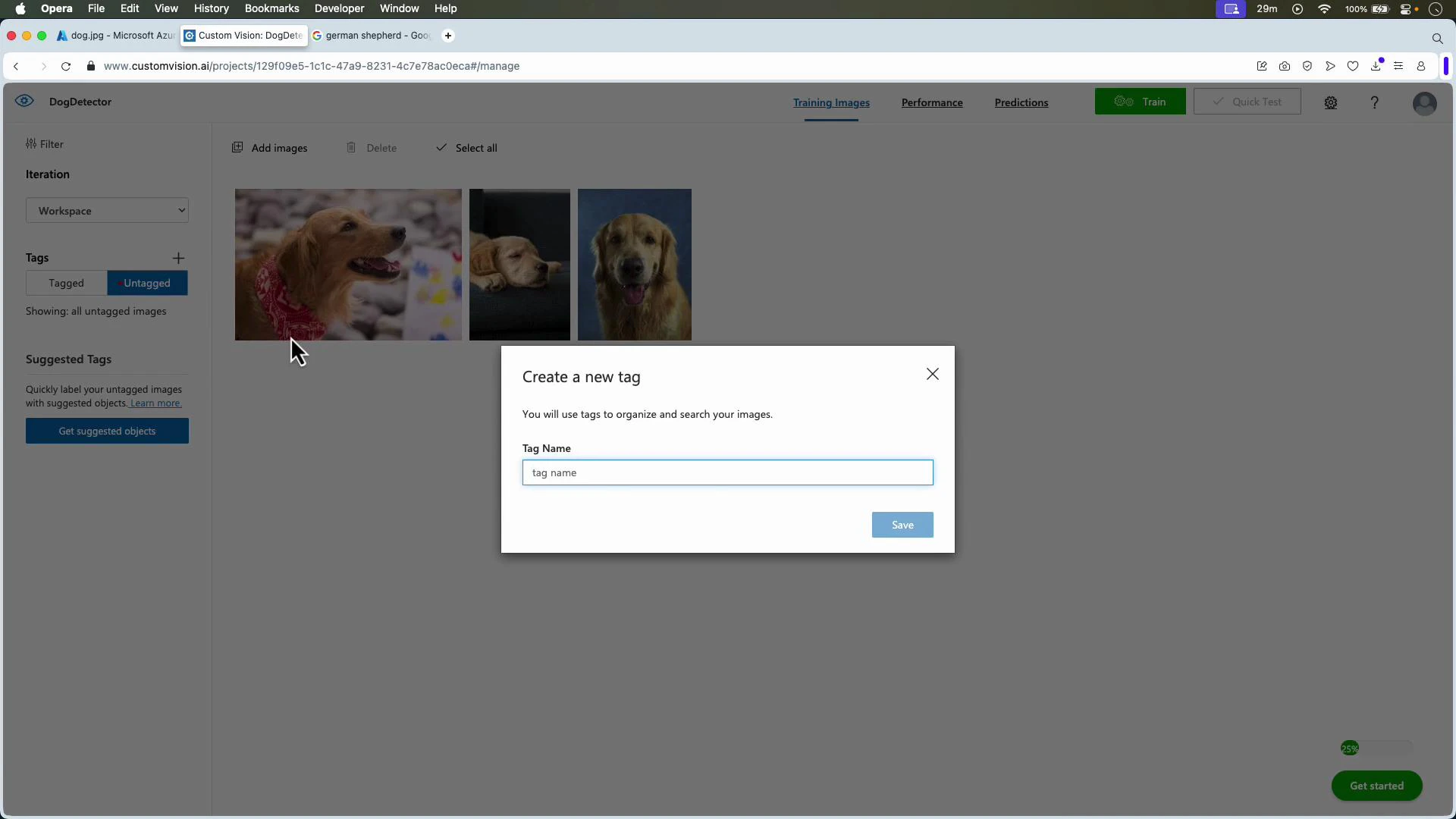 A computer screenshot of a Custom Vision-style web interface labeled "DogDetector" showing three dog photos at the top and a centered "Create a new tag" dialog box for entering a tag name. The page UI includes workspace filters and buttons for adding or training images.