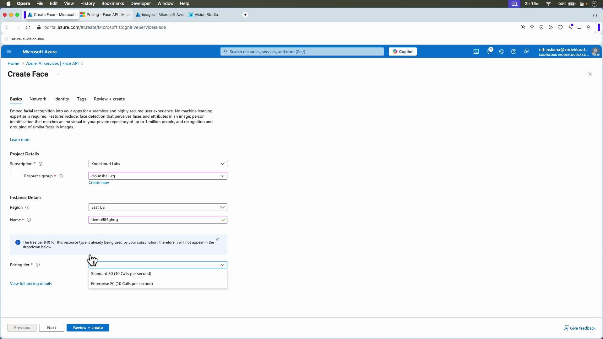 A screenshot of the Microsoft Azure portal showing the "Create Face" resource form with fields for subscription, resource group, region, instance name, and pricing tier. The page includes navigation tabs and a pricing dropdown open near the bottom.