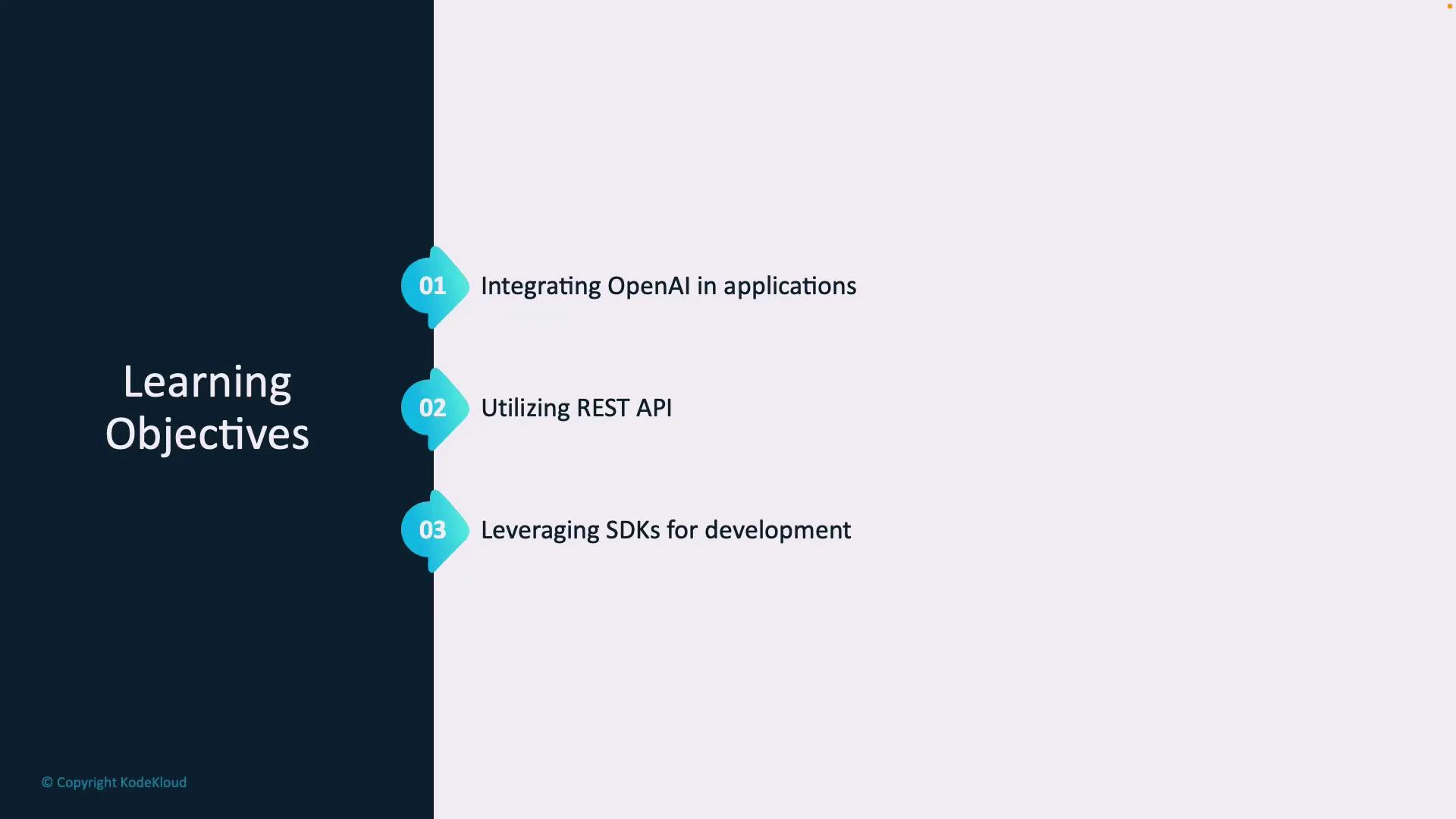 A presentation slide titled "Learning Objectives" listing three points: integrating OpenAI in applications, utilizing REST API, and leveraging SDKs for development. The slide features a dark left panel with the title and blue numbered markers beside each objective.