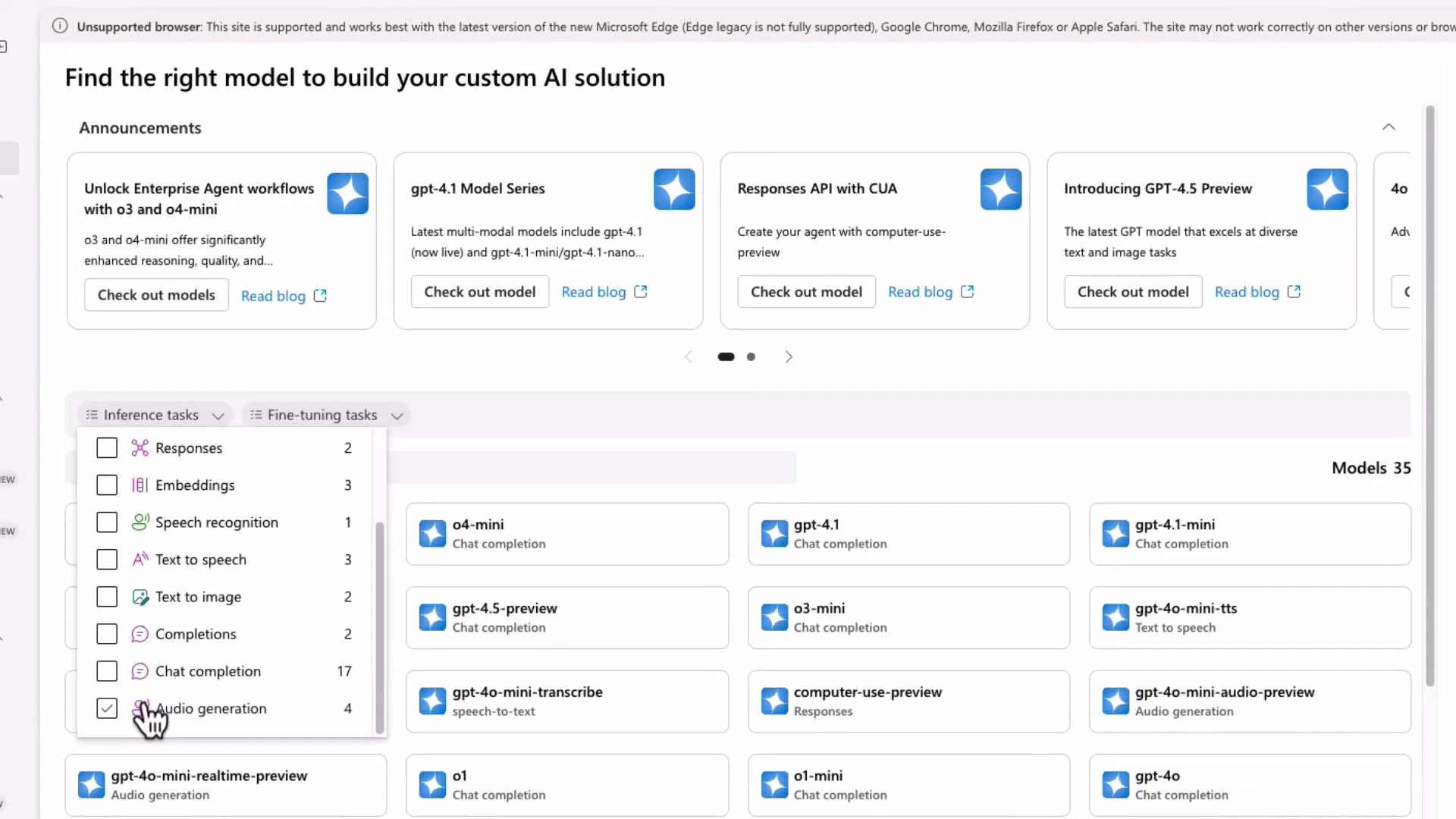 A web dashboard for choosing AI models, showing announcement cards at the top and a grid of model tiles (e.g., o4-mini, gpt-4.1, gpt-4o-mini). A filter menu for inference tasks is open on the left with "Audio generation" checked.