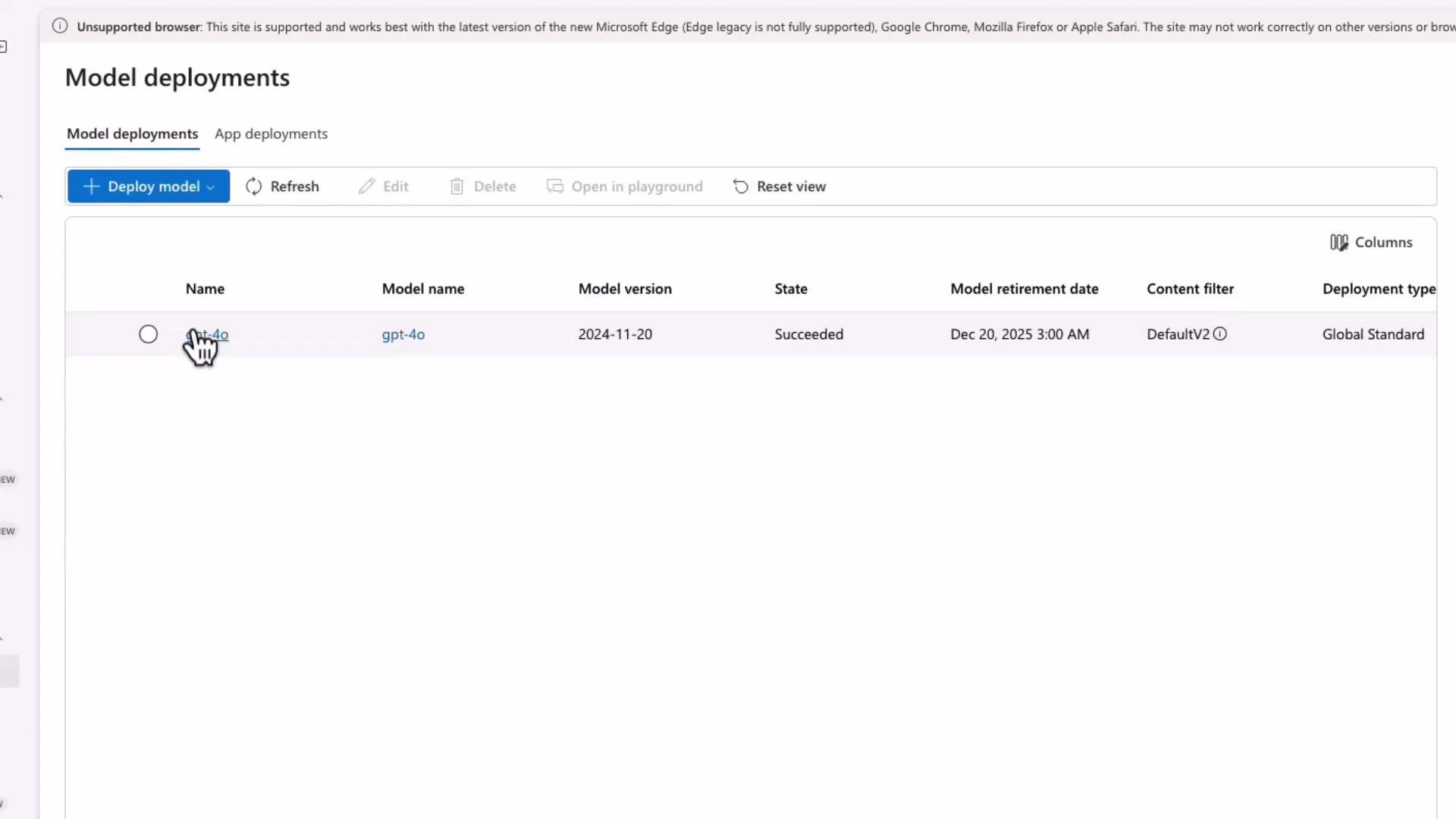 A screenshot of a "Model deployments" admin page showing a single deployed model entry for "gpt-4o" (model version 2024-11-20) with state "Succeeded" and a retirement date of Dec 20, 2025. A cursor hand is hovering over the model name and the UI shows options like "Deploy model", "Refresh" and "Reset view."