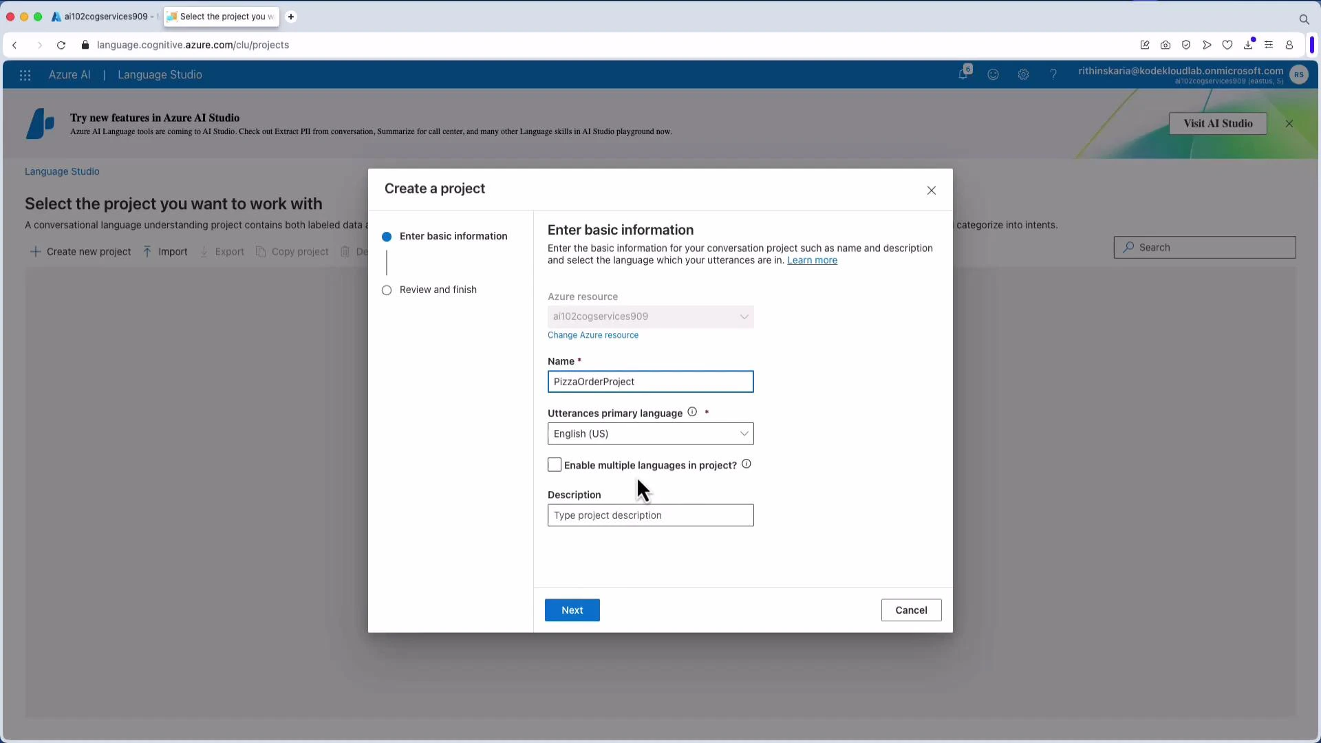A browser screenshot of the Azure AI Language Studio with a "Create a project" dialog open. The form shows fields like project name populated as "PizzaOrderProject" and utterances primary language set to English (US).