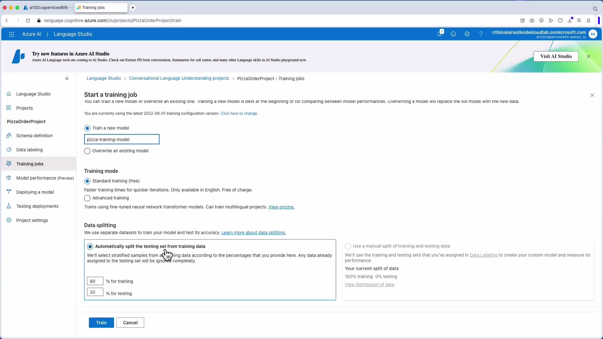 A screenshot of the Azure AI Language Studio "Training jobs" page for a project named PizzaOrderProject, showing options to start a training job (model name "pizza-training-model"), choose training mode, and set data-splitting percentages (80% training, 20% testing). The left sidebar shows project navigation items like Schema definition, Data labeling, and Deploying a model.