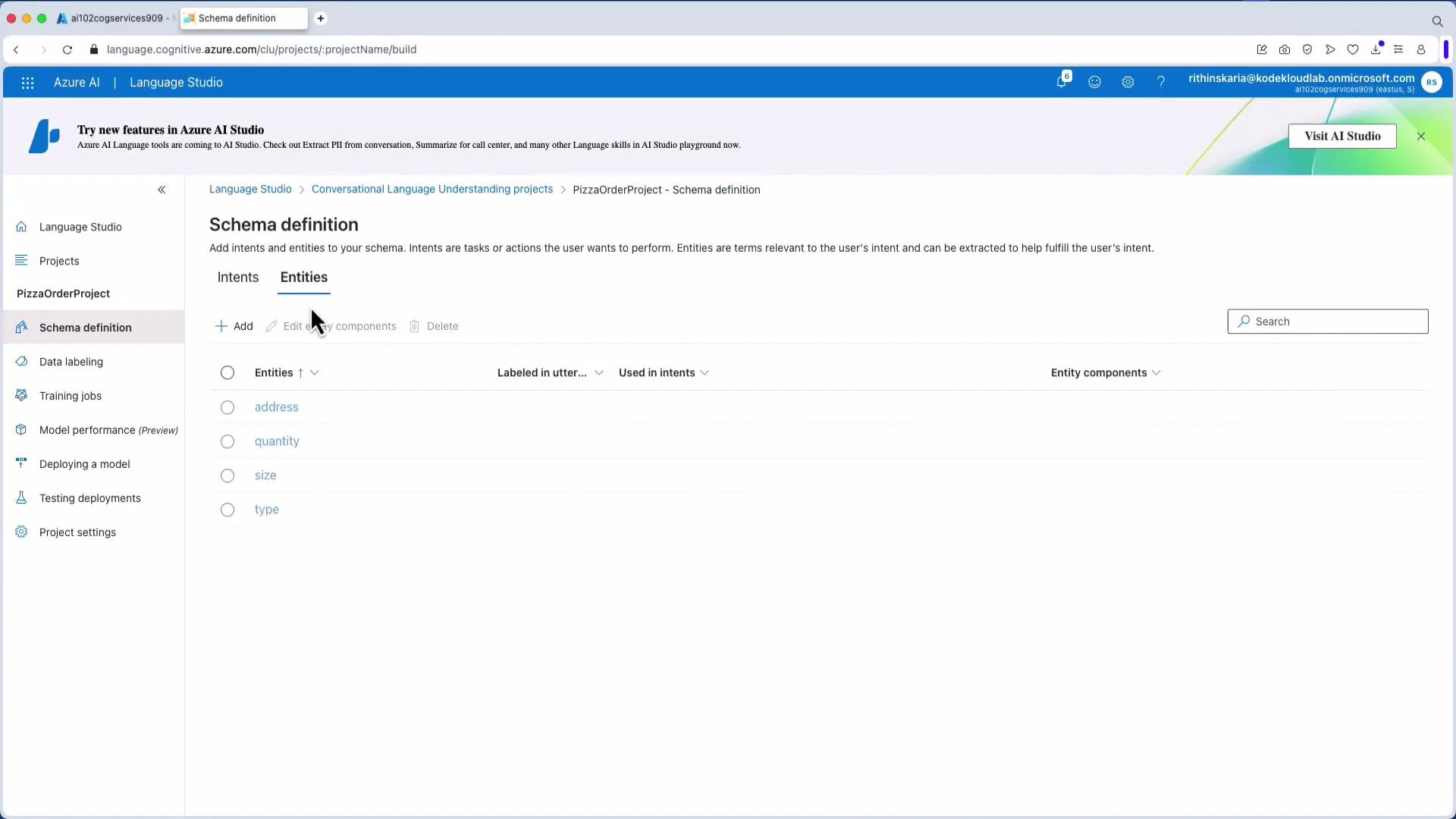 A screenshot of Azure AI Language Studio on the "Schema definition" page for a PizzaOrderProject, with the Entities tab selected. The main pane lists entity names like address, quantity, size, and type and shows controls to add or edit entities.
