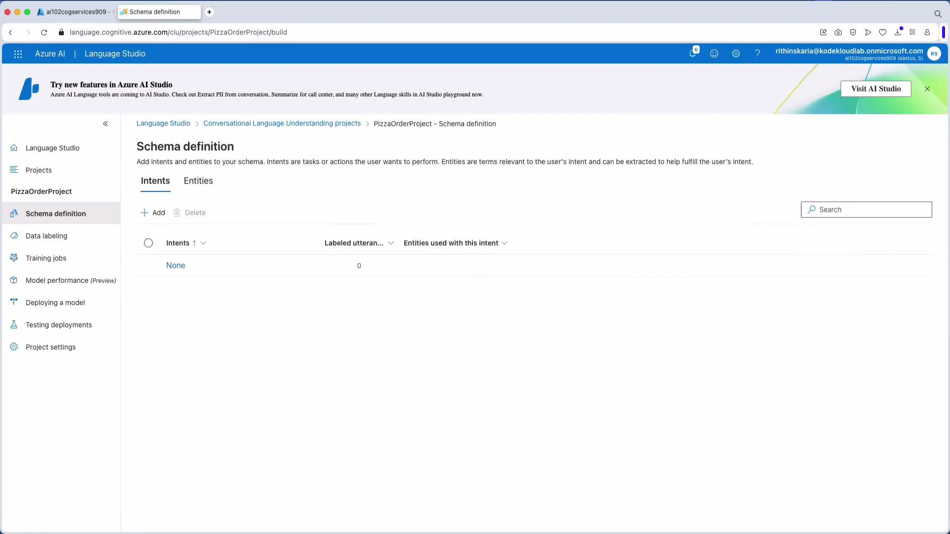 A screenshot of the Azure AI Language Studio "Schema definition" page for a project called PizzaOrderProject, showing the Intents tab with no intents listed. The left sidebar shows navigation options like Language Studio, Projects, Data labeling, and Model performance.