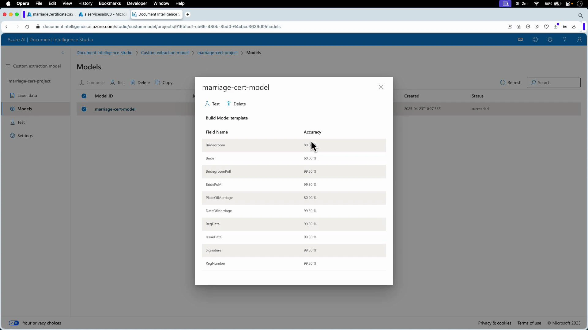 A screenshot of the Azure AI Document Intelligence Studio showing a modal for a "marriage-cert-model" with a list of extracted field names (Bridegroom, Bride, DateOfMarriage, etc.) and their accuracy percentages. The background shows the Models view in a project called "marriage-cert-project."