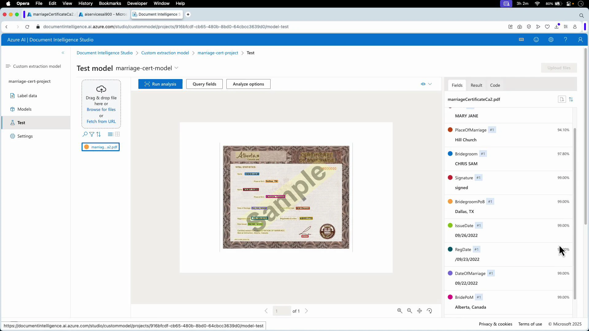 A screenshot of Azure AI Document Intelligence Studio showing a "Test model marriage-cert-model" analyzing a scanned marriage certificate (marked "Sample") in the center. The right pane lists extracted fields (bride/groom, dates, place, signature) with confidence scores.