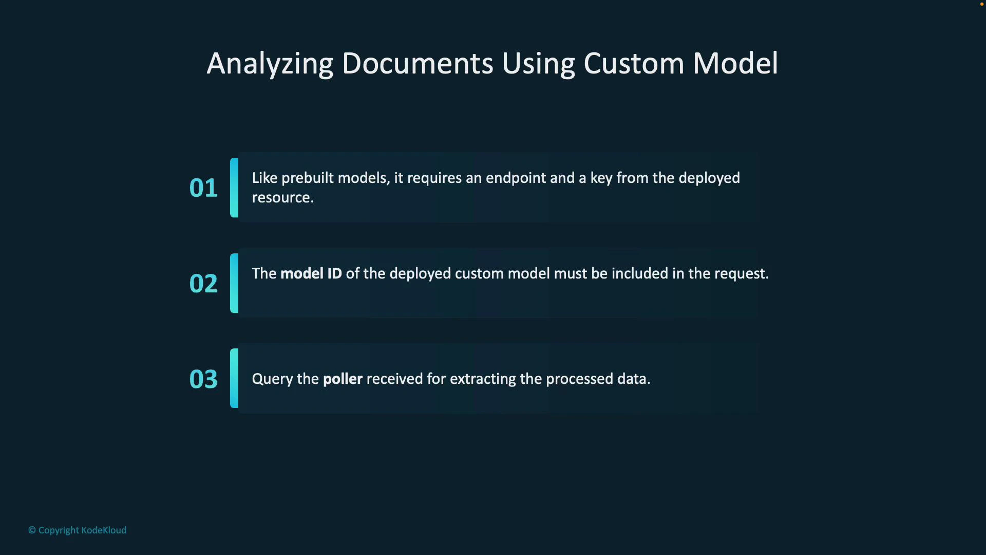 A presentation slide titled "Analyzing Documents Using Custom Model" showing three numbered steps about needing an endpoint and key, including the deployed model ID in requests, and querying the poller to retrieve processed data. The design uses a dark blue background with teal accent bars and numbering.
