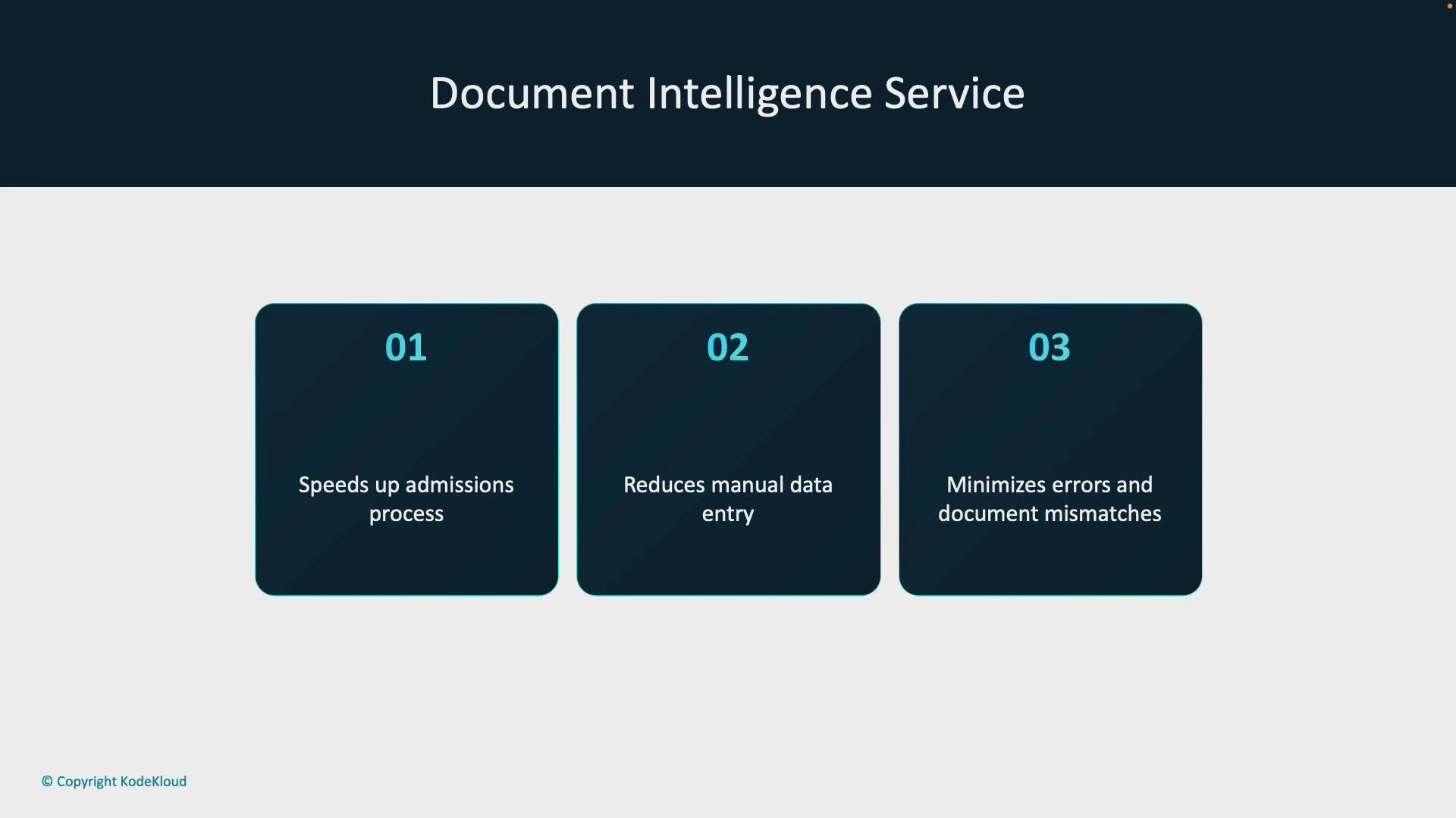 A presentation slide titled "Document Intelligence Service" with three numbered dark boxes. The boxes list benefits: speeds up admissions process, reduces manual data entry, and minimizes errors and document mismatches.