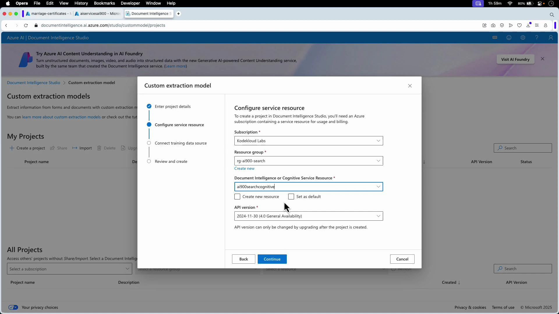 A browser screenshot of Azure AI Document Intelligence Studio with a "Custom extraction model" configuration dialog open, showing fields for subscription, resource group, Document Intelligence resource and API version. The modal overlays the My Projects page and includes Back, Continue and Cancel buttons.