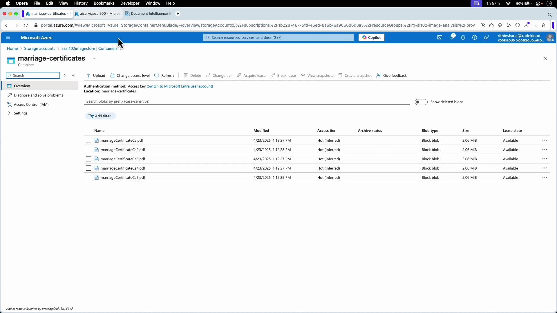A Microsoft Azure Storage portal view showing a container named "marriage-certificates." The container lists five PDF blobs (marriageCertificateCa*.pdf) with modification timestamps, access tier "Hot (Inferred)," block blob type, and size about 2.06 MiB each.