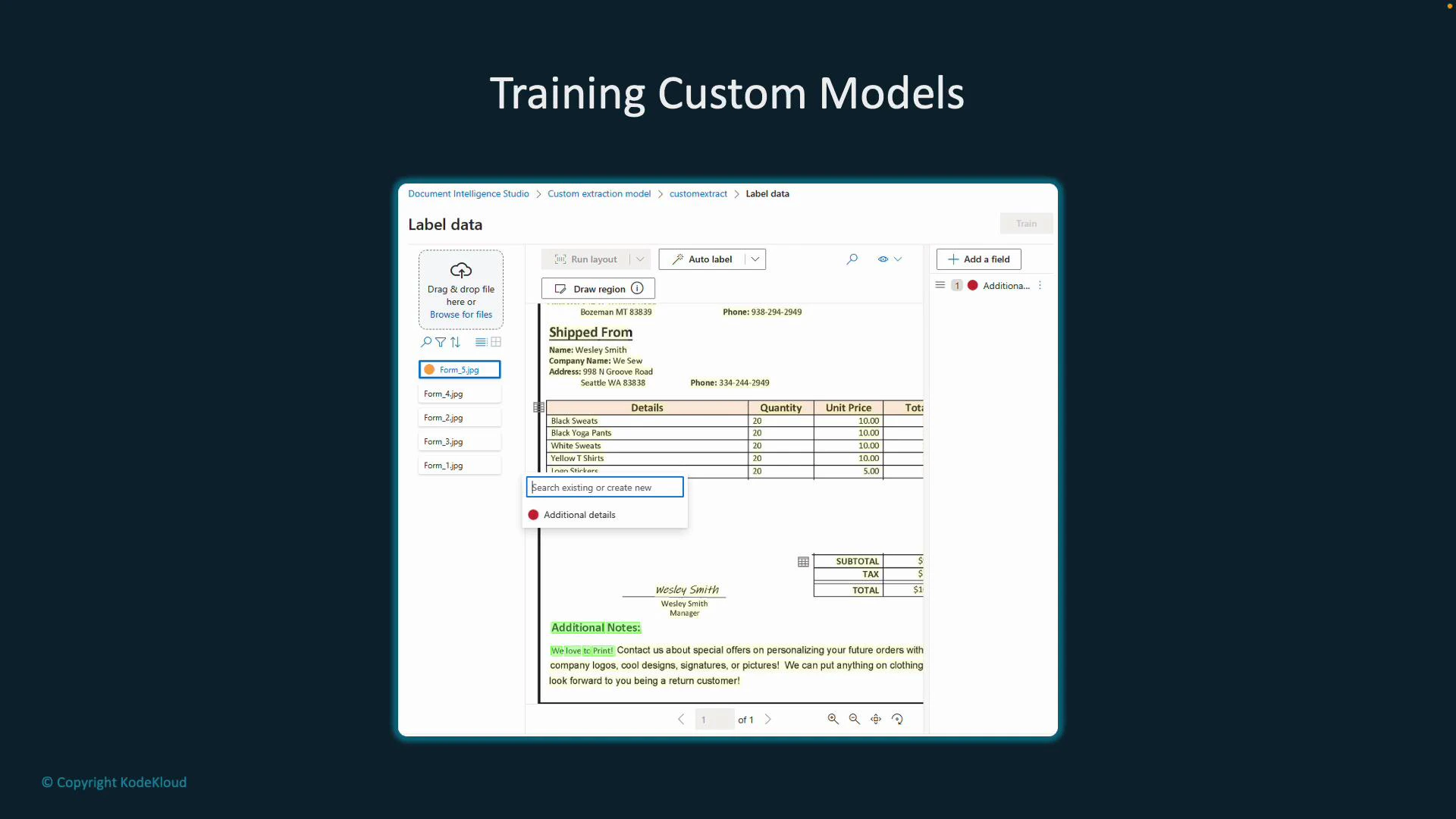 A slide titled "Training Custom Models" showing a Document Intelligence Studio "Label data" interface. The screenshot displays a scanned invoice/form with regions and fields highlighted for labeling and model training.