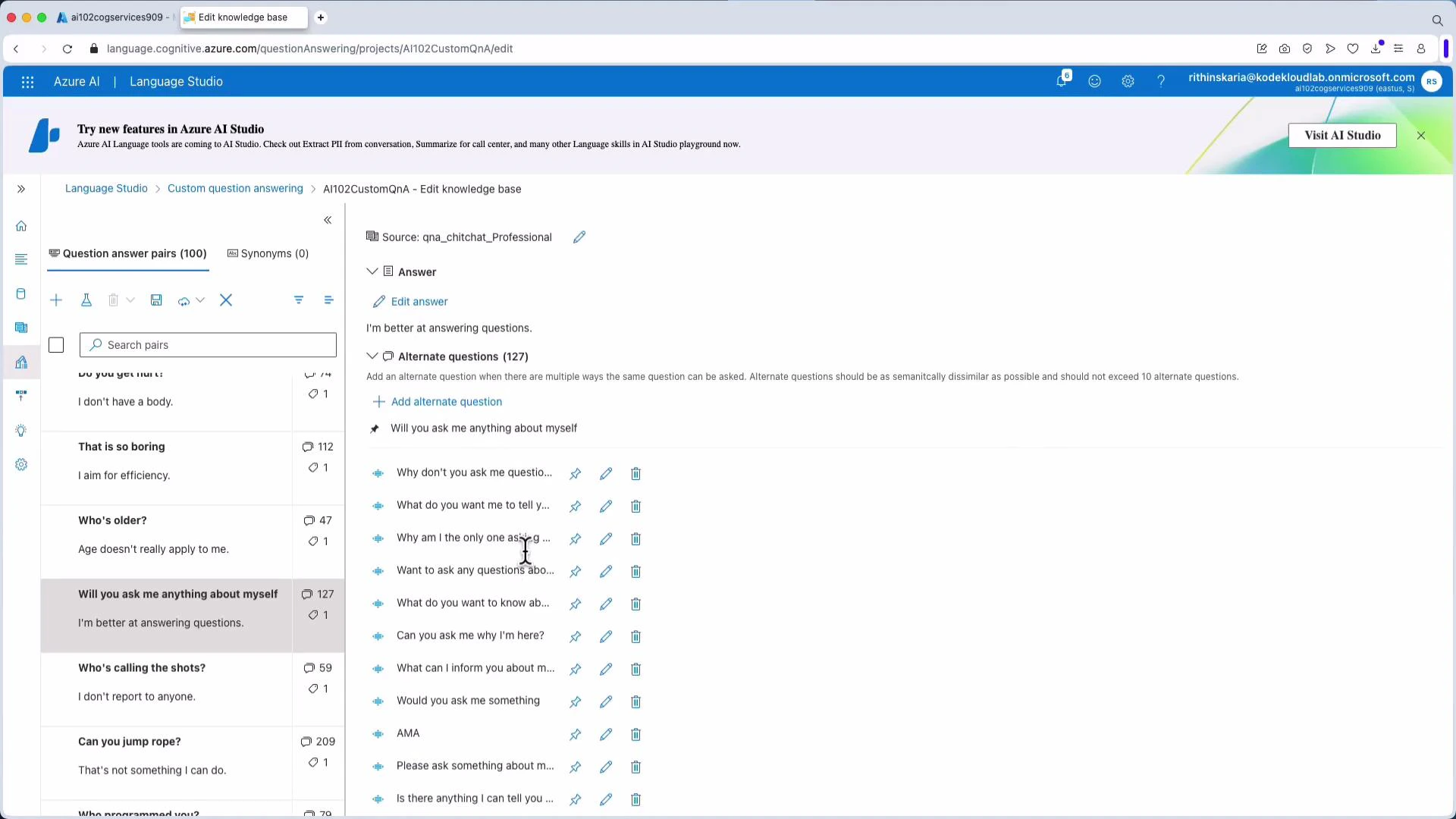 A screenshot of Azure AI Language Studio's Custom Question Answering editor, showing a knowledge base with question-answer pairs listed on the left and a selected answer plus many alternate questions displayed on the right. The top shows the Azure navigation and user account bar.