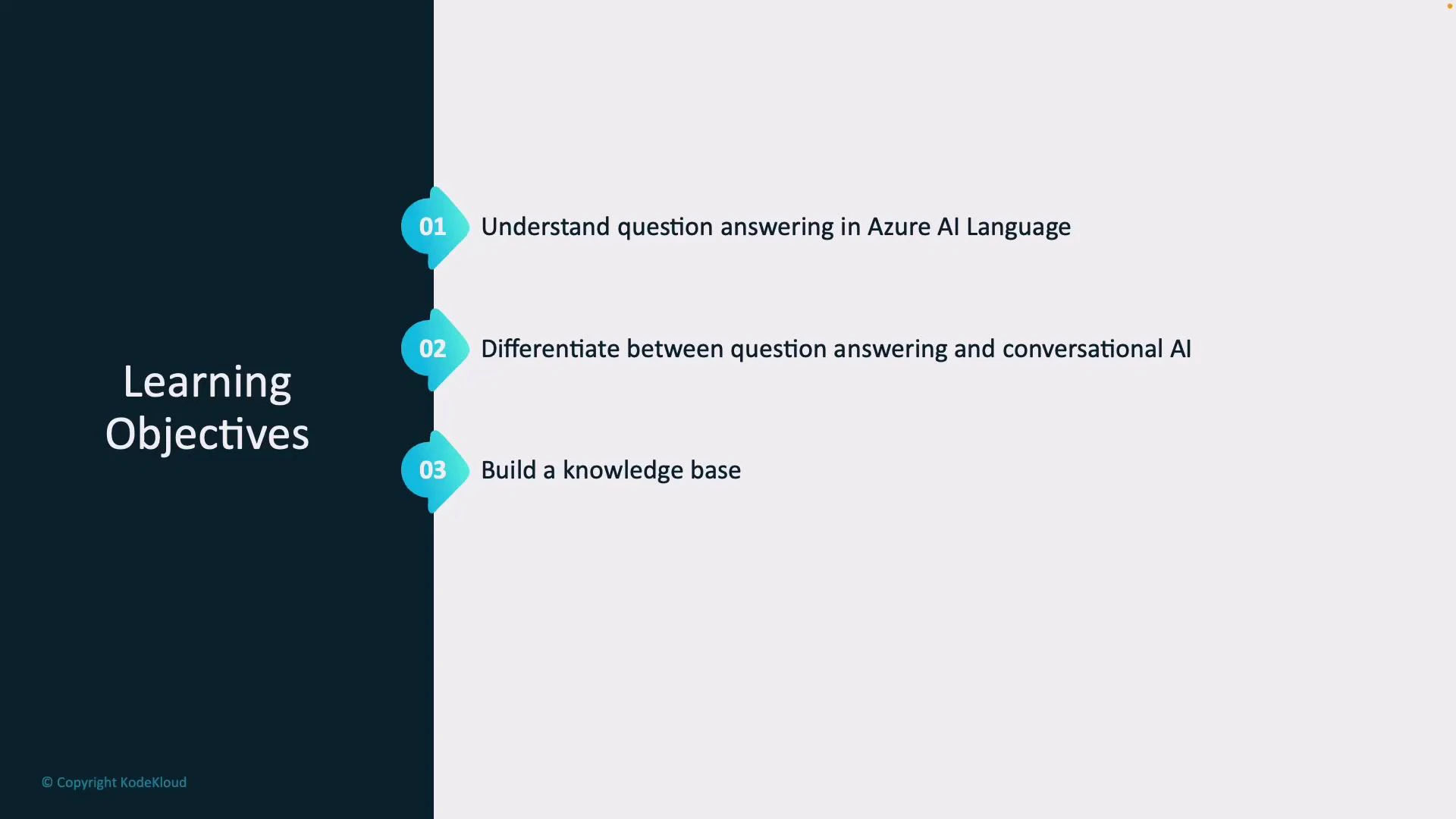A presentation slide titled "Learning Objectives" that lists three goals: understand question answering in Azure AI Language, differentiate between question answering and conversational AI, and build a knowledge base. The slide has numbered blue markers along a vertical line and a dark left sidebar.