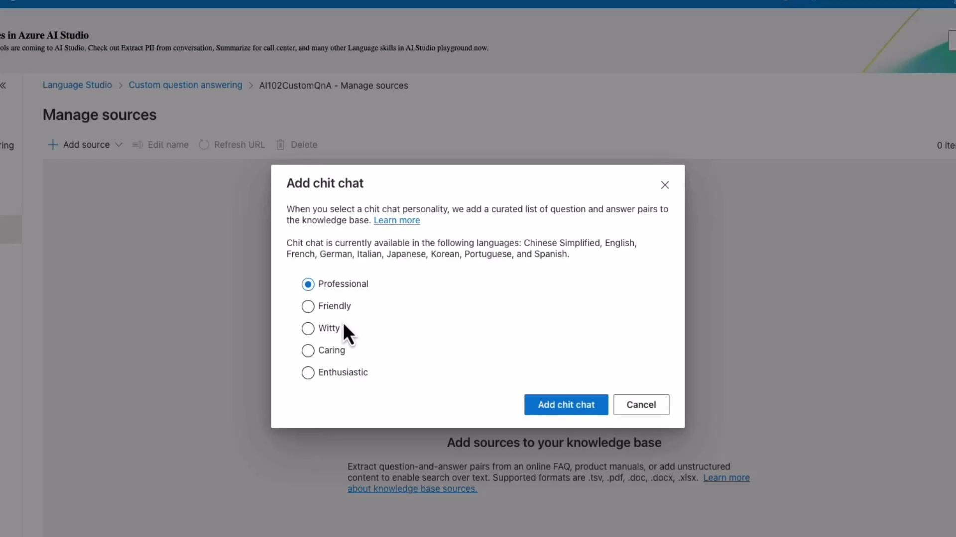 A modal dialog titled "Add chit chat" overlays a "Manage sources" page, showing personality radio options with "Professional" selected. Buttons at the bottom read "Add chit chat" and "Cancel."